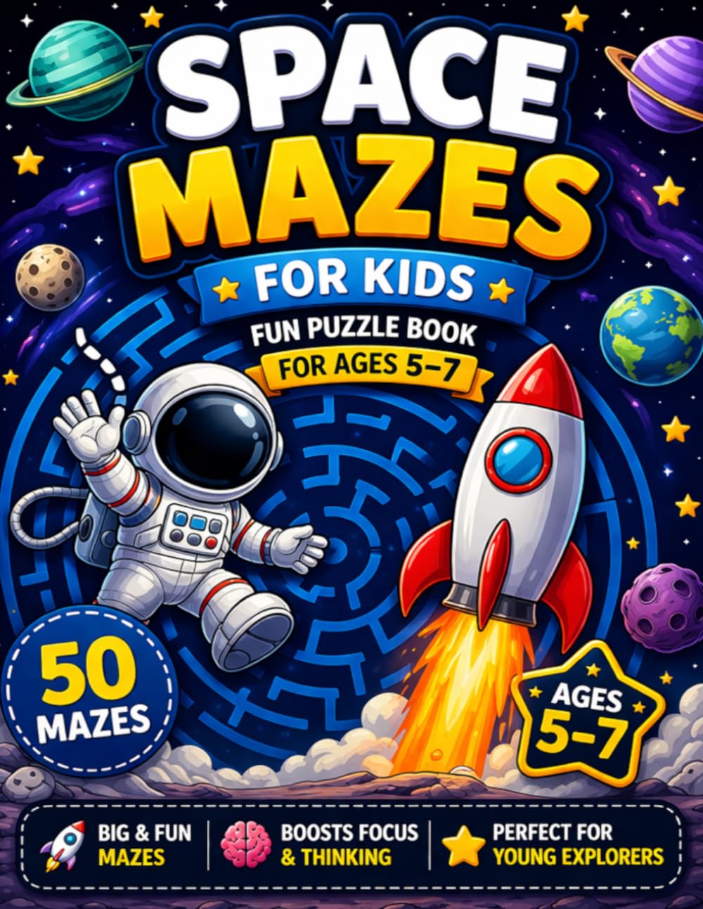 Space Mazes for Kids: Fun Puzzle Book for Ages 5–7 with 50 Big and Easy Maze Activities (Space Adventure Mazes)