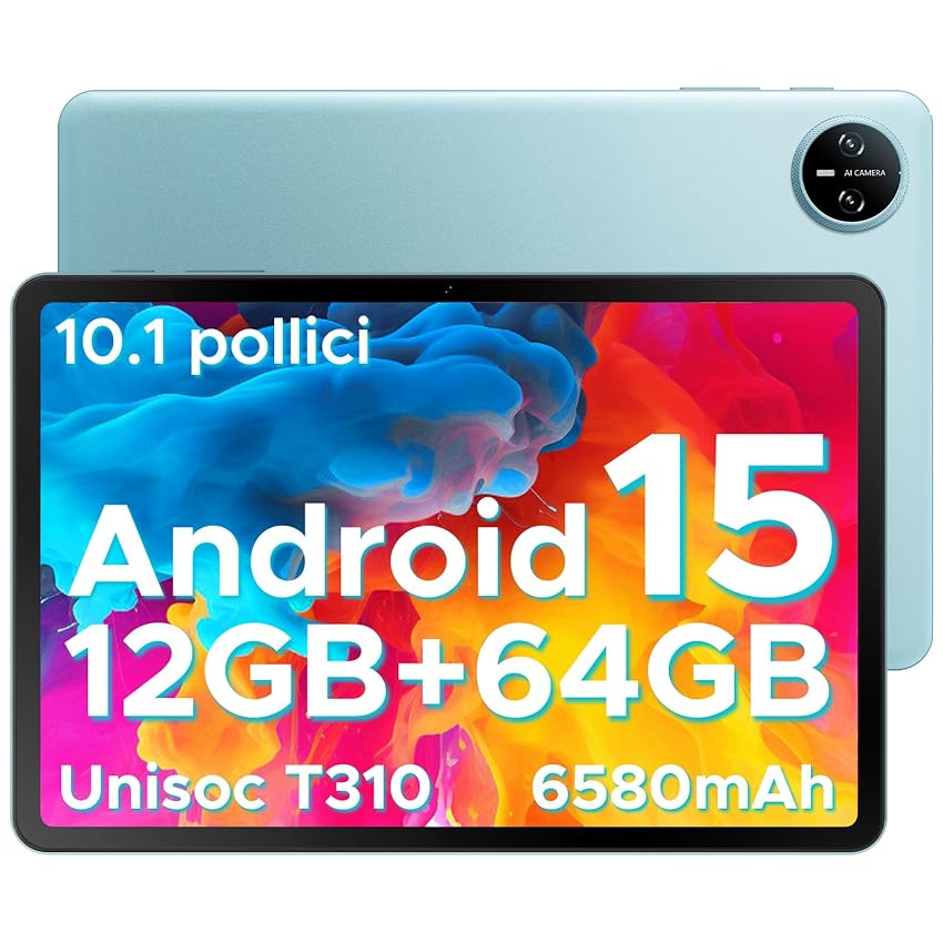 DOOGEE Tab A9 Android 15 Tablet 10 Pollici, 12(3+9) GB RAM + 64GB ROM (TF 2TB), 6580mAh, 5G+2.4G WiFi, 1280 * 800 IPS, 8MP, Tablet in Offerta Unisoc T310/ OTG/Face Unlock,Blu o Grigio,Inviato a Caso