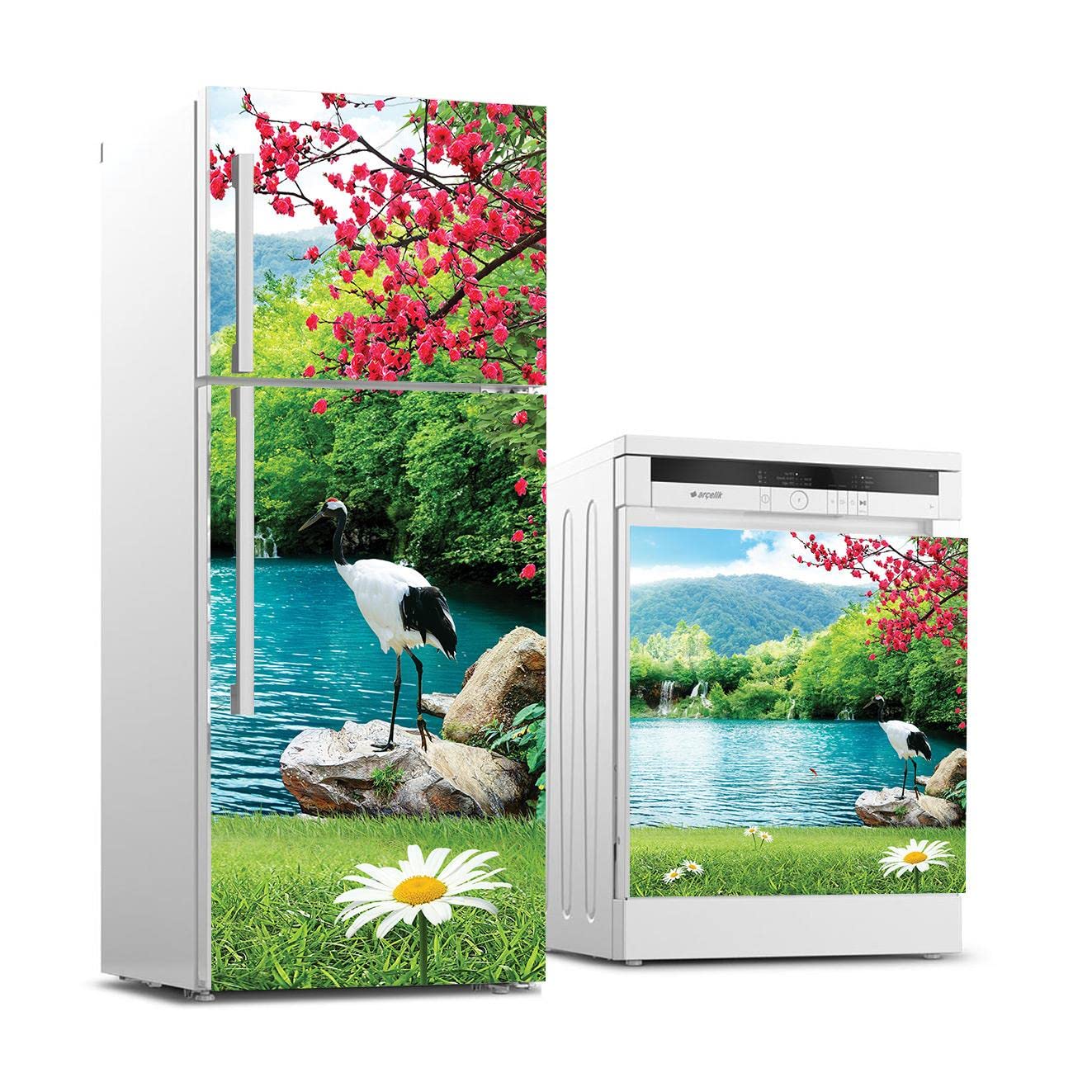 Buzdolabı ve Bulaşık Makinası Beyaz Eşya Sticker Kaplama Papatya Kuğu