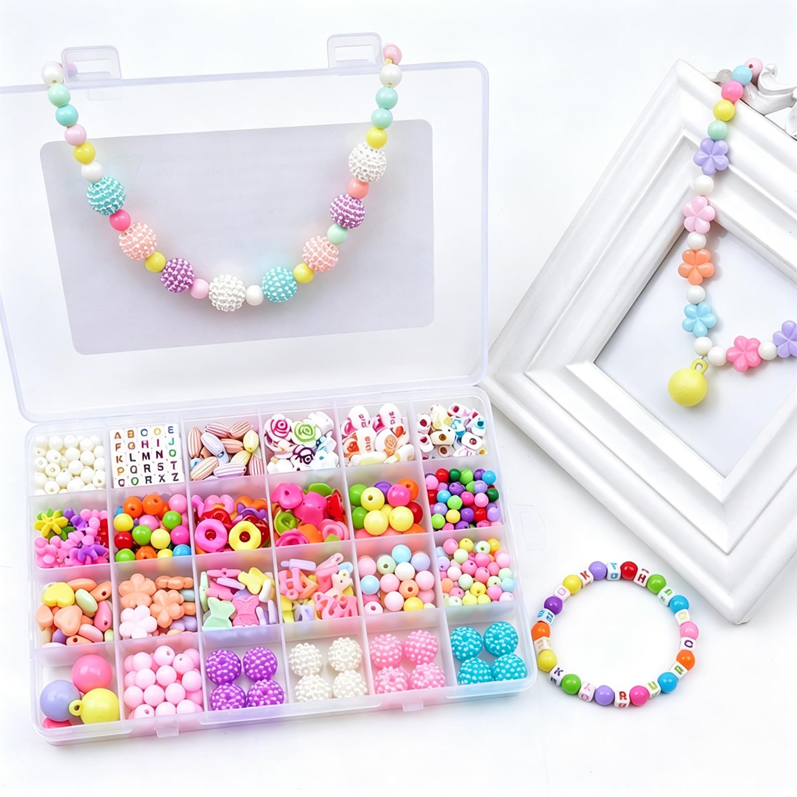 SKYPRO DIY Beaded Jewelry Making Kit, Acrylic Loose Beads & Spacer Beads, Handmade Bracelet Necklace Making Set with 24-Compartment Storage Box（Type8 520Pcs）