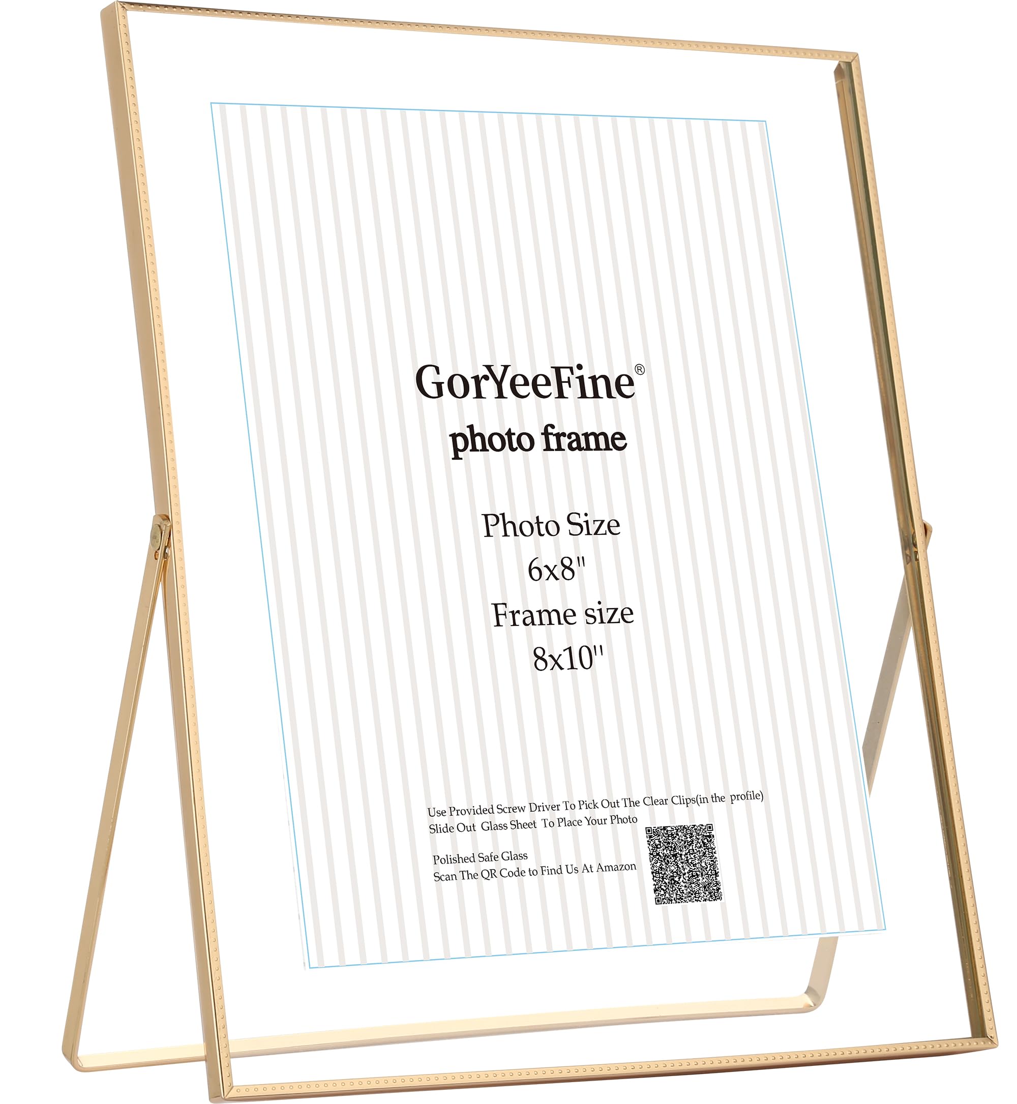 Gold 8x10'' Floating Frame,for Photo Sizes (5x7'',6x8'',7x9''),Beautiful Metal Beaded Edge Frames,Adjustable Tabletop/Shelf Photo Frame, Classy Gift Choice for Weddings or Christmas