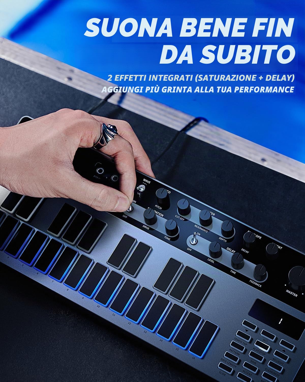 Donner Essential B1 - Sintetizzatore e sequenziatore di bassi analogici, con interfaccia utente intuitiva, 128 modelli di memoria, saturazione e effetti di ritardo, per un suono acido classico