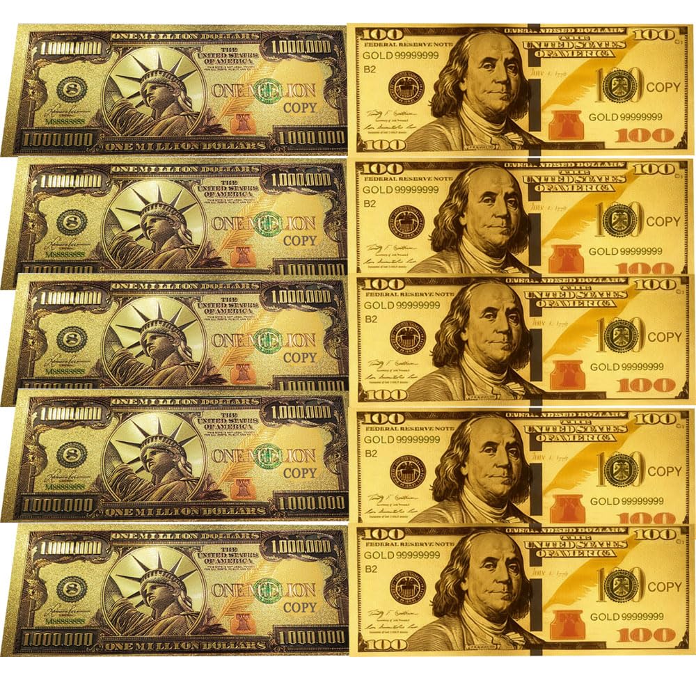 10 Pcs Gold Dollar Bills, Colored Gold Plated Bills for Decor Wallet Bring Abundance & Prosperity