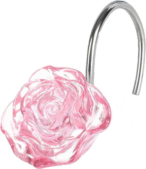 Pink Floral Shower Curtain Hooks Blush Crystal Glitter Ice Textured