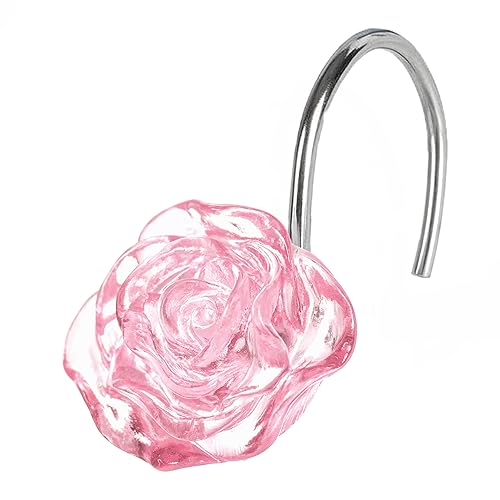 Pink Flower Shower Curtain Hooks: Blush Crystal Glitter Ice Textured Decorative Rings for Floral Rose Leaf Plant Spring Shower Curtain - Cute Rustproof Stainless Steel Rings for Girls Bathroom Decor - Pink