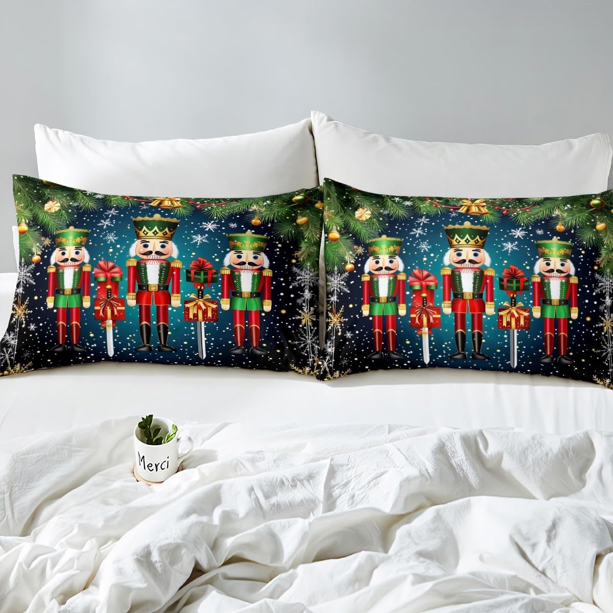 Erosebridal Christmas Bedding Set King Nutcracker Xmas Comforter Cover,Merry Xmas Snowflake Decor Duvet Cover,Christmas Bell Bed Set for Kids Boys Girls Teens,Red Green