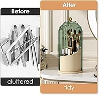 Vista 3 de Makeup Brush Holder with Lid 360 Rotating Clear Dustproof Make Up Organizers for Vanity Bathroom Countertop, Green Beige