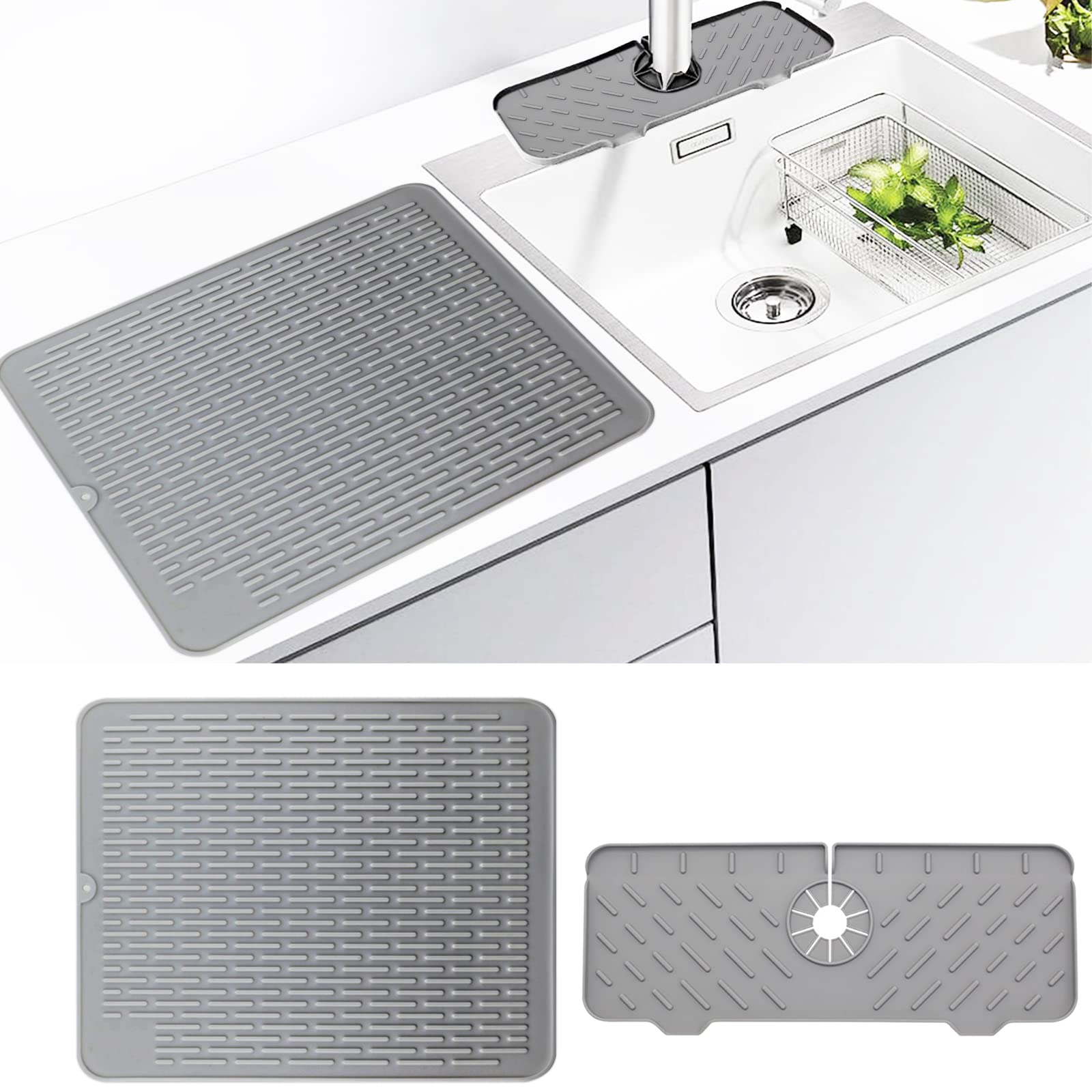 Large Silicone Dish Drying Mat for Kitchen Counter with Faucet Mat - XL Dish Drying Mat - Dish Drying Rack Mat, Heat Resistant Hot Pot Pad, Non-Slip Sink Mat, BPA Free, Dish Washer Safe (Grey)