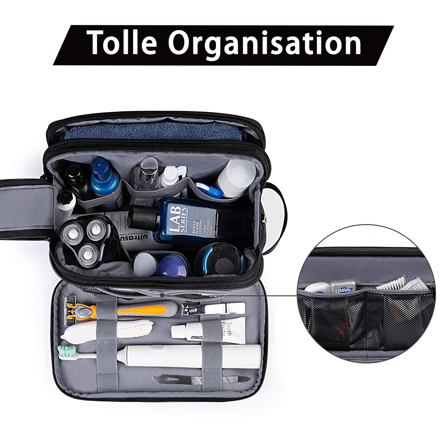 BAGSMART Kulturbeutel für Herren, Reise Kulturtasche Reisezubehör Kosmetiktasche mit Doppelter Reißverschlussöffnung Großer Stauraum, 5L-Schwarz