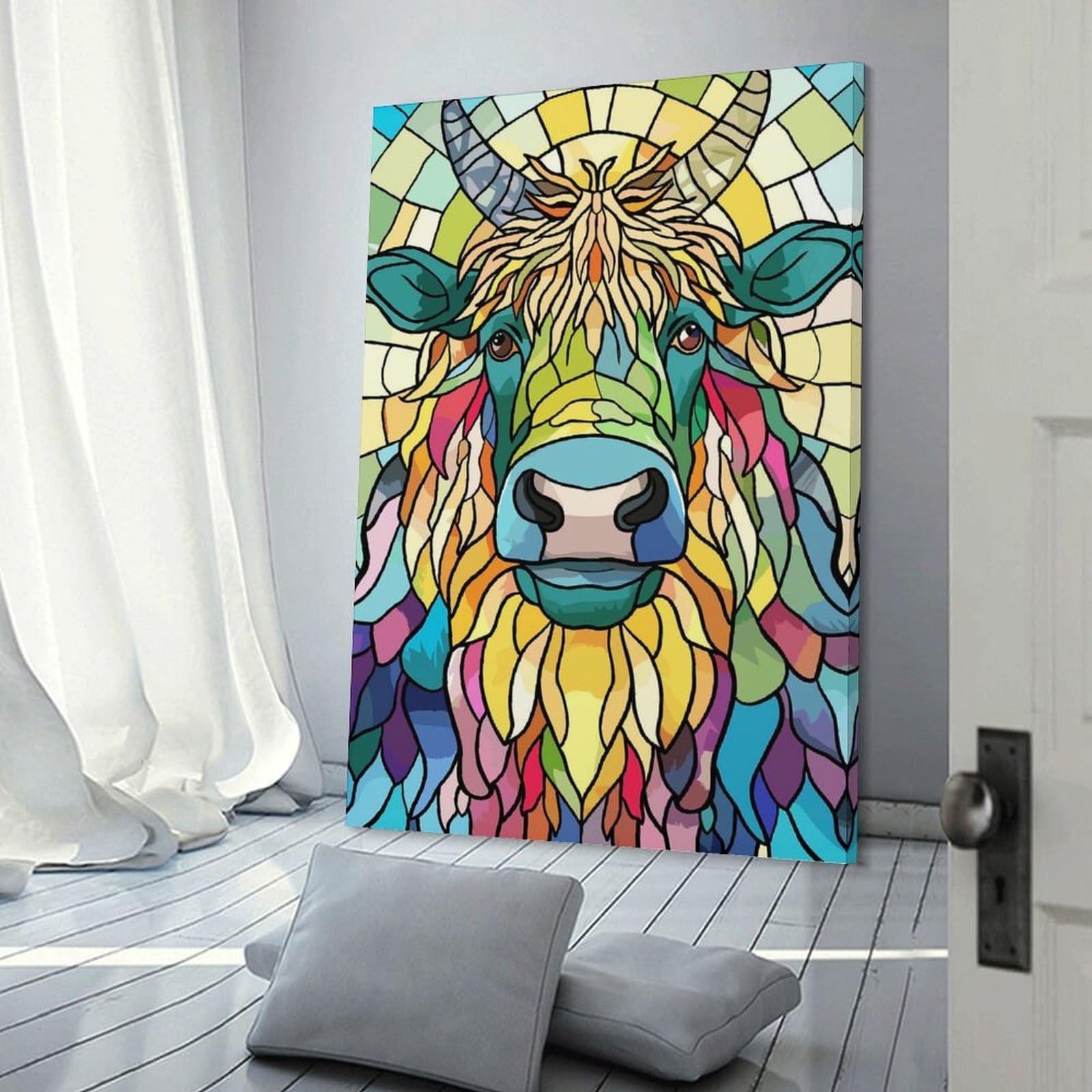Junmoney Frame-Style-8-2 Stained Glass Highland Cow Canvas Wall Decor 24X36inch(60X90cm), For Workspace Walls, Study Corners Or Bedrooms, Decorative Artwork For Productive Spaces