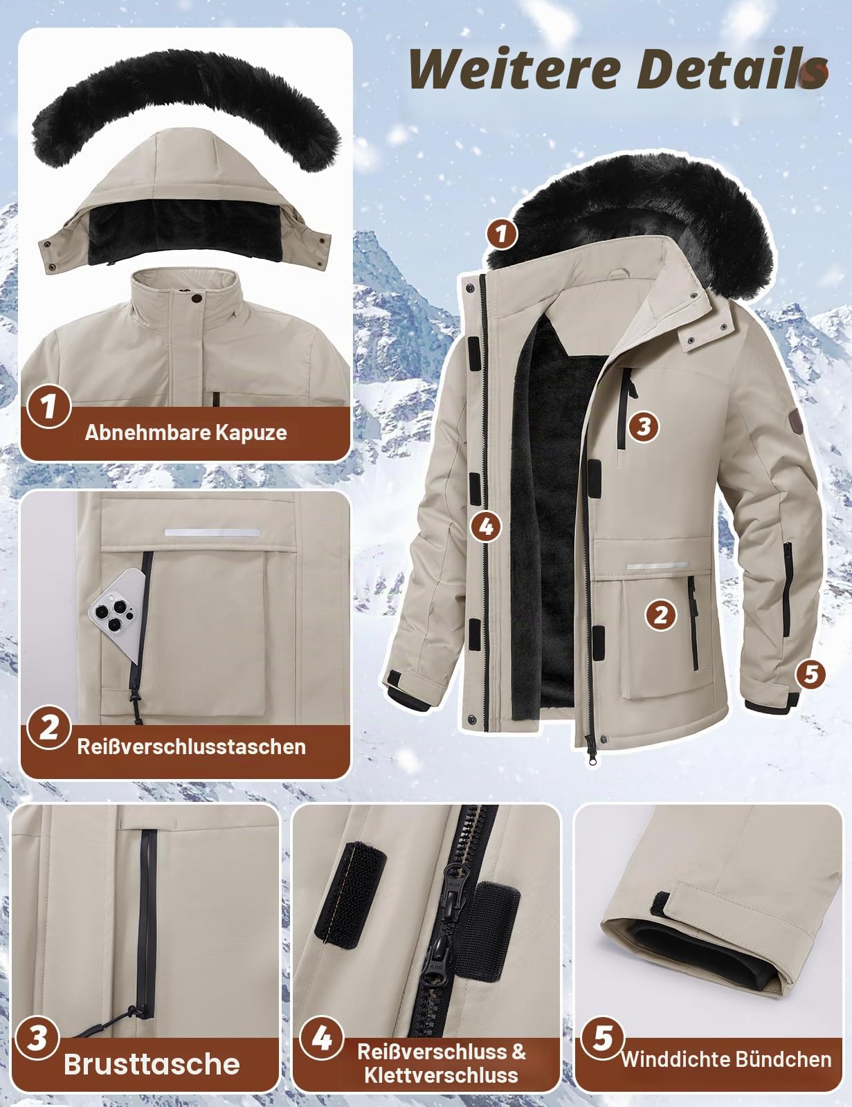 CMTOP Winterjacke Damen Wasserdichte Winddichte Skijacke Gefüttert Regenjacke für Wandern Trekking Softshell Übergangsjacke Wanderjacke mit Abnehmbarer Kapuze