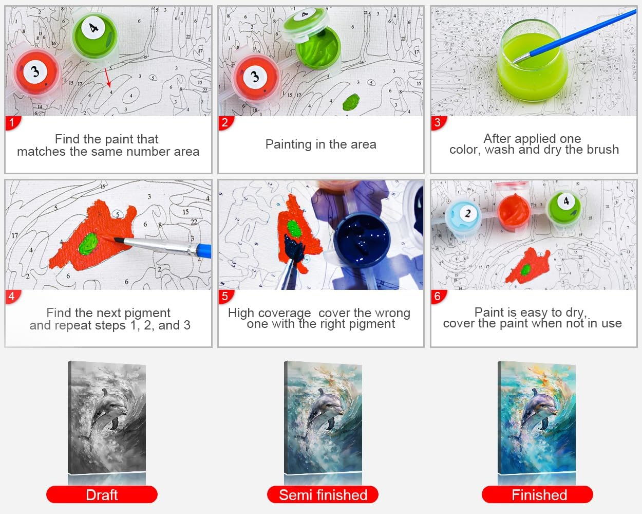 TUMOVO Cute Dolphin Paint by Numbers Kits, Easy DIY Oil Painting Colorful Paint by Numbers with Brushes and Pigment, Marine Animals Swimming Picture for Home Decor Gifts 16x20 Inch (Without Frame)