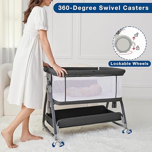 Miniatura 6 de Moisés de noche para bebé, cuna ajustable para recién nacido con ruedas, cesta de almacenamiento, colchón, fácil de montar y portátil plegable para