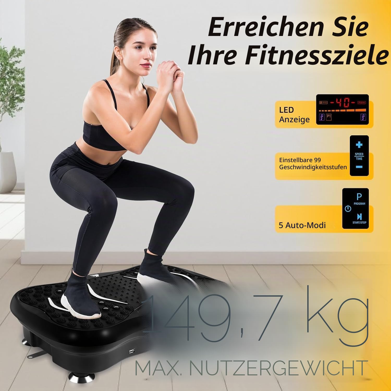 EVOLAND Vibrationsplatten, Vibrations-Fitnessgerät für den Heimgebrauch, mit Bluetooth-Lautsprecher, 5 Programmmodi, 2 Widerstandsbänder, Vibrations-Fitnesstrainer, 150 kg maximale Belastung (B)