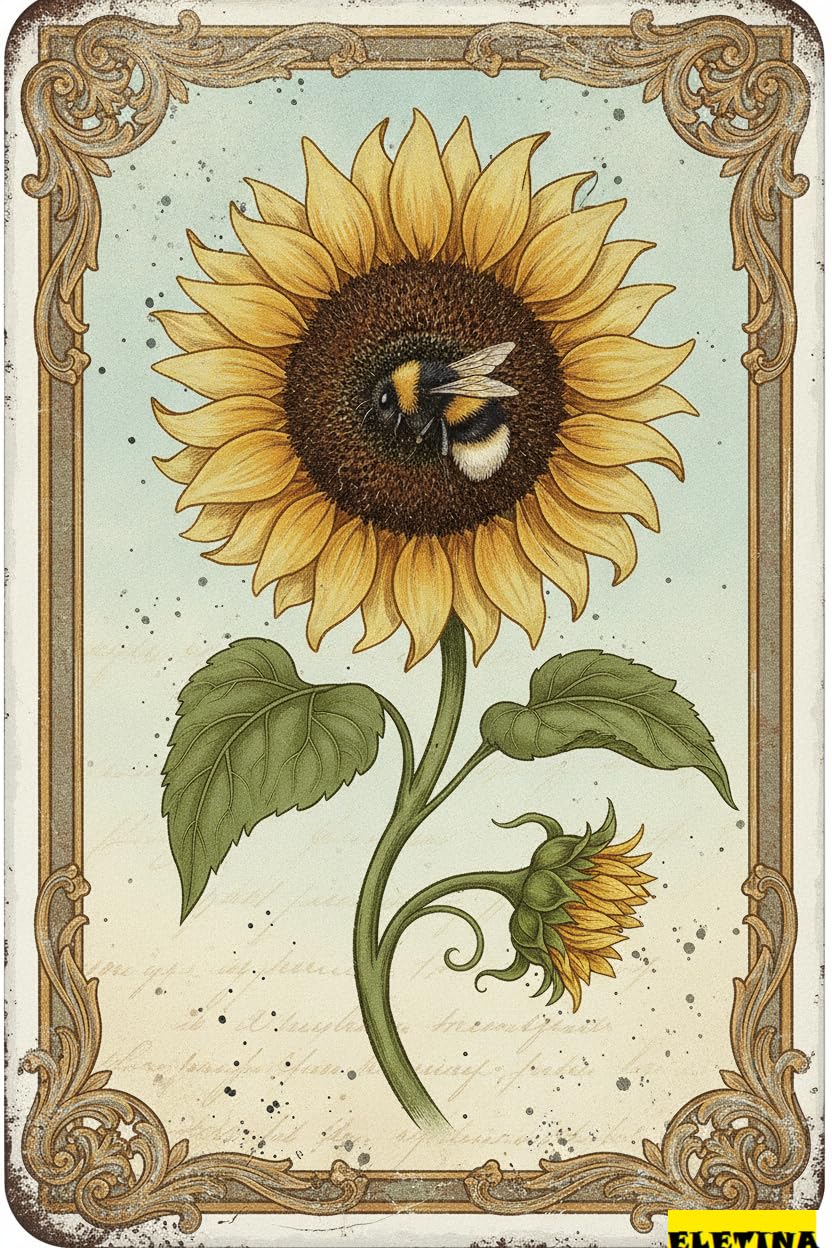 Vintage Bee Sunflower Garden Tin Sign, 8x12 Inch