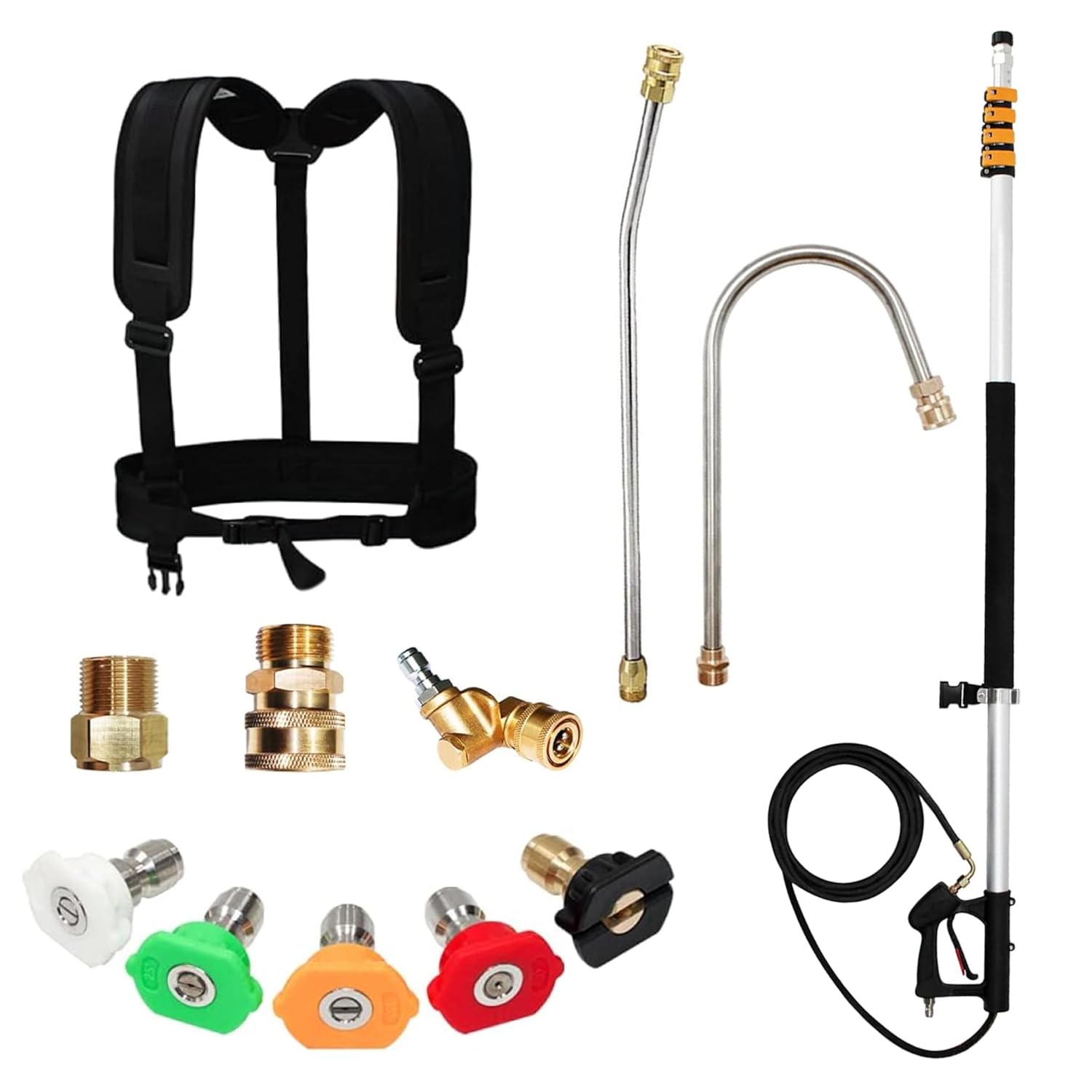 edou direct telescoping pressure washer extension wand 20' - power washer gutter cleaner tool - 4,000 psi - 1/4" quick connection, 5 sprayer nozzles, 2 couplers, 2 adapters, support harness