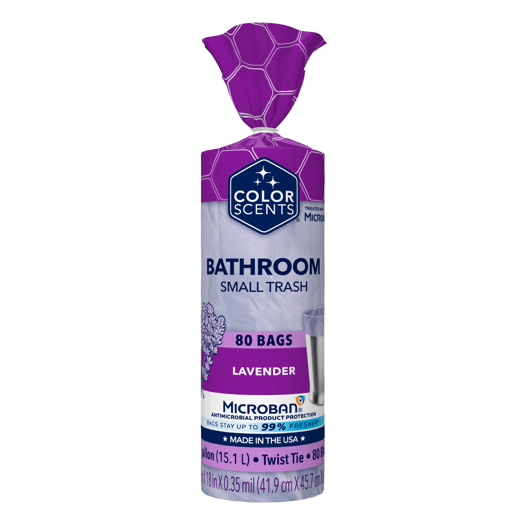 Color Scents Small Trash Bags - 4 Gallon, 80 Bags (1 Pack of 80 Count), Twist Tie - Lavender Bag with Lavender Scent with Microban