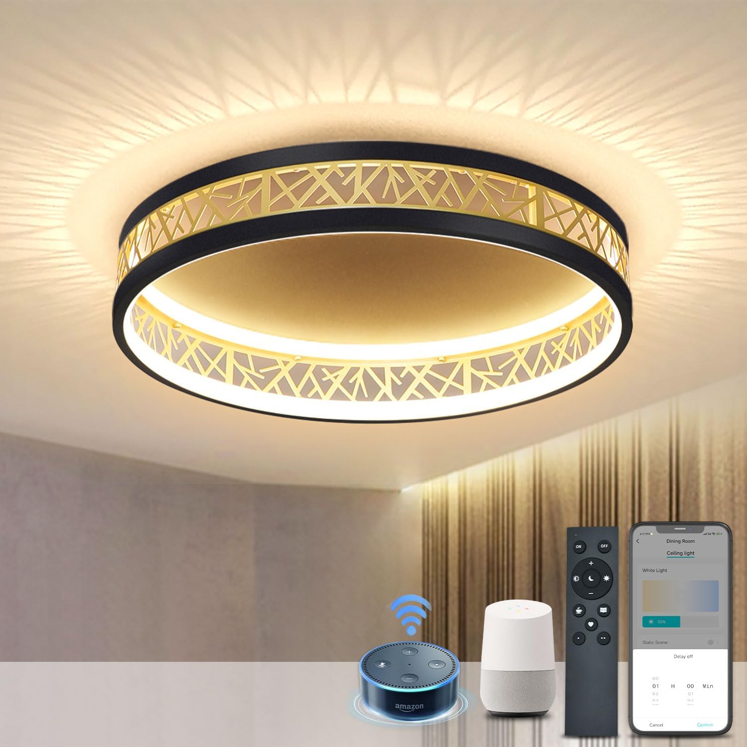 Smart RGB Ceiling Light - 48W Dimmable, Alexa & Google Home Compatible, 37cm, IP44 for Bathroom & Bedroom, Remote Control App, Color Changing