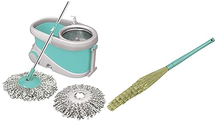 Spotzero by Milton Prime Spin Mop with Big Wheels and Stainless Steel Wringer, 2 Microfiber Refills,Aqua Green & ? Floor Cleaning Zero Dust Broom XL (Aqua Green)