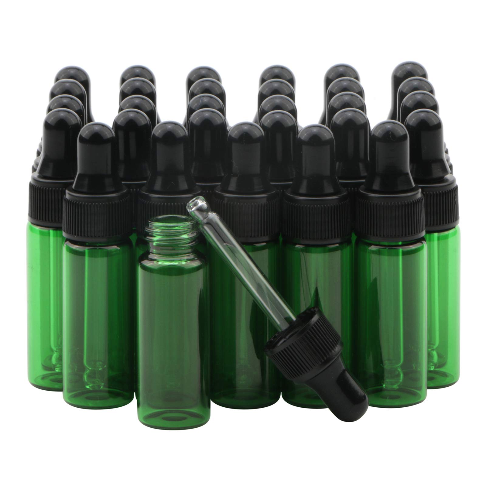 Rowiz Green 30 Pcs 5Ml Small Dropper Bottles Essential Oil Glass Bottle,Lotion Perfume Sample Vials With Glass Eye Dropper And Black Caps Bottle. (Green)