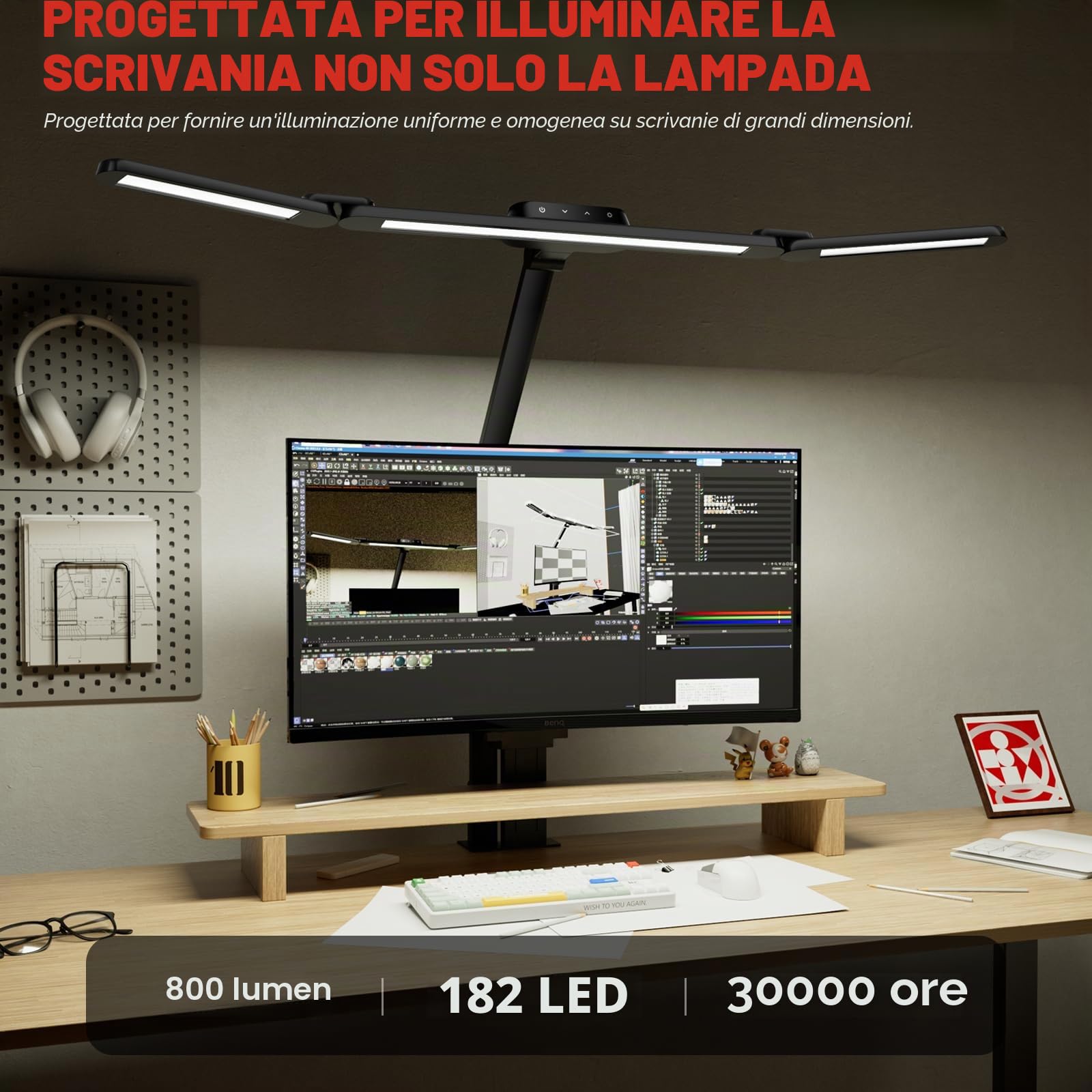 Honeywell Ampia lampada da scrivania con morsetto per doppio monitor, lampada da scrivania a LED a spettro completo da 22 W per casa e ufficio, luce architetto regolabile in 3 sezioni per scrivania
