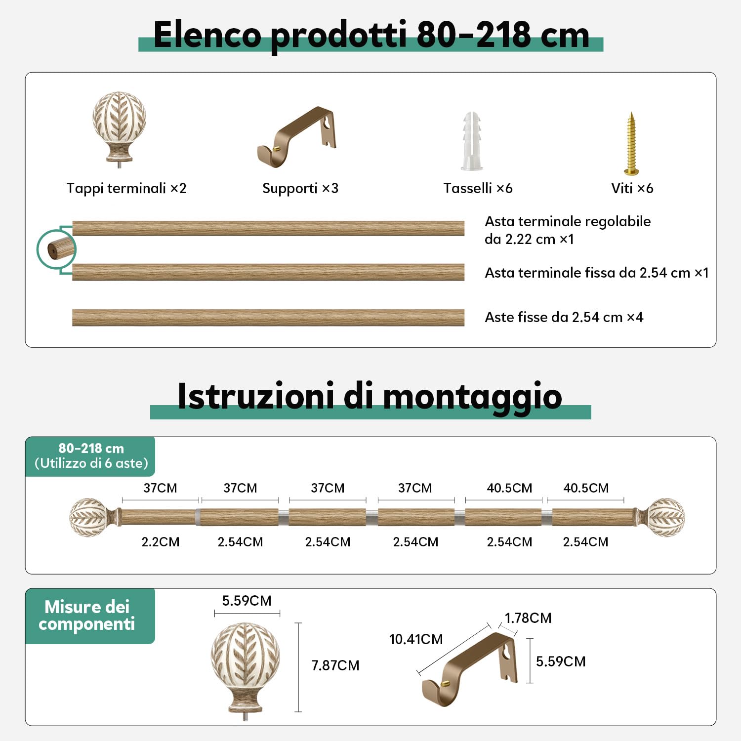 Bastone Tenda Effetto Legno Chiaro Asta Metallica Estensibile 80-218 cm Diametro 25 mm Alta Portanza Parete