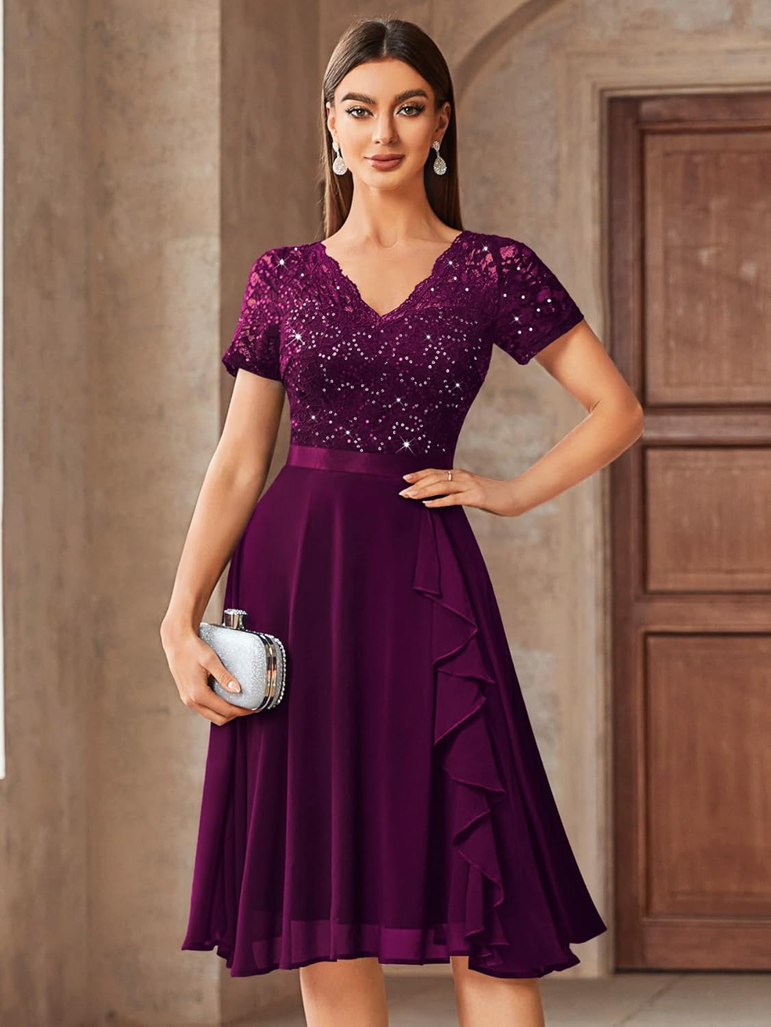 MISSMAY Women's Elegant Style Sequin Lace A-Line Cocktail Party Dress - Image 3