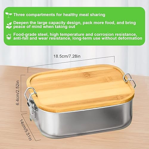Miniatura 3 de Caja Bento de acero inoxidable con tapa de madera, contenedor de almuerzo de metal duradero de 40 onzas40.6 fl oz, diseño de tres compartimentos