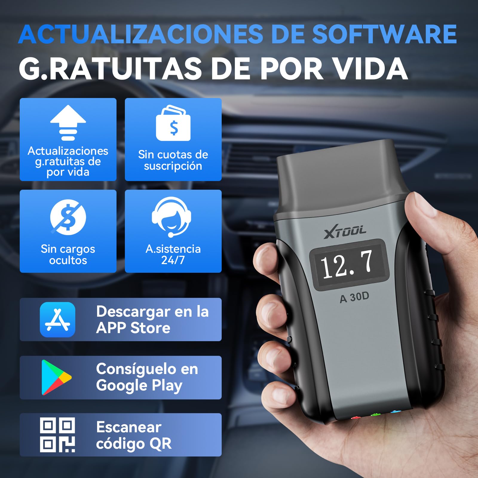 XTOOL Anyscan A30D OBD2 Diagnosis Español, diagnosis coche multimarca, 19 Servicios, Prueba Activa, Todos los Sistemas, OBD para Android e iOS, CAN FD, Actualizaciones Gratuitas, Inglés Predeterminado