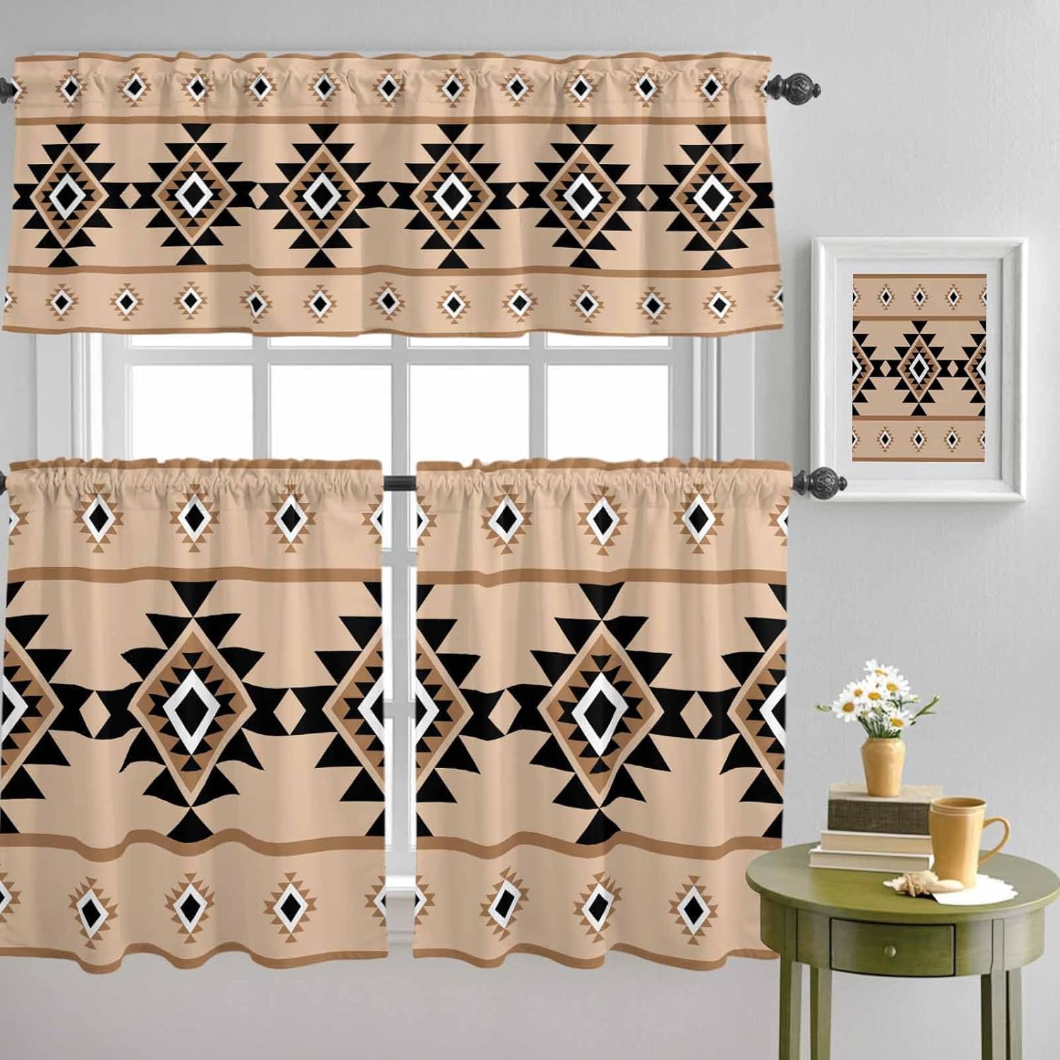 Vandarllin Kitchen Curtains and Valances Set, Khaki Aztec Window Treatments Tiers Western Tribal Pattern Half Short Curtains for Small Windows Living Room Bedroom Cafe Home Decor 54x36 Inch