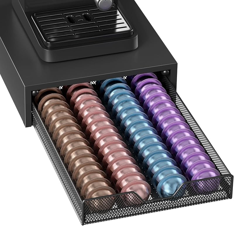 ECOLOVI Coffee Pods Drawer Organizer Compatible with Nespresso Vertuo Pods & K-Cup Pods, Holds 60 Small or 48 Large Capsules, Black