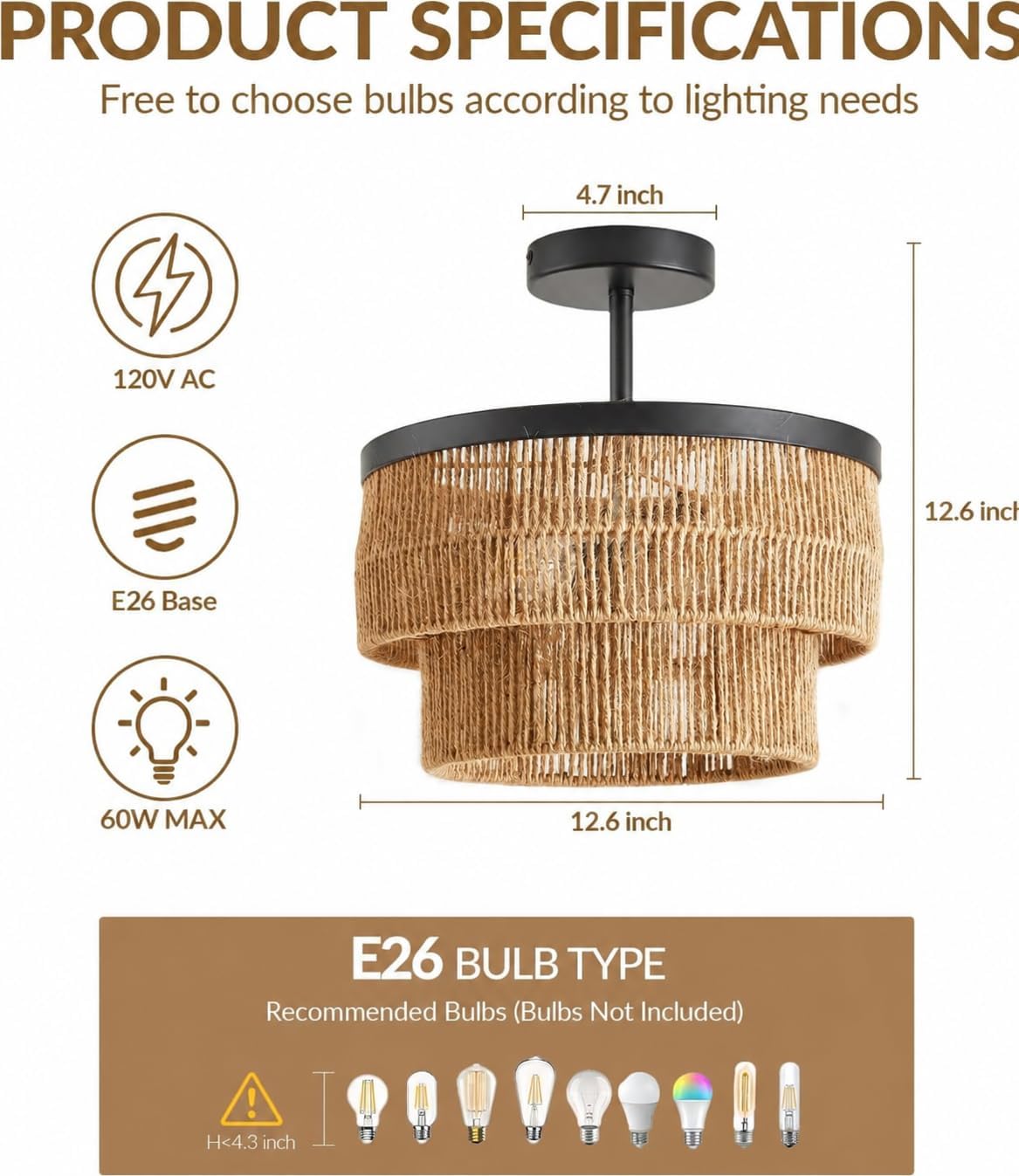 12.6" Boho Semi Flush Mount Ceiling Light, 3-Light Hemp Rope Fixture image 2