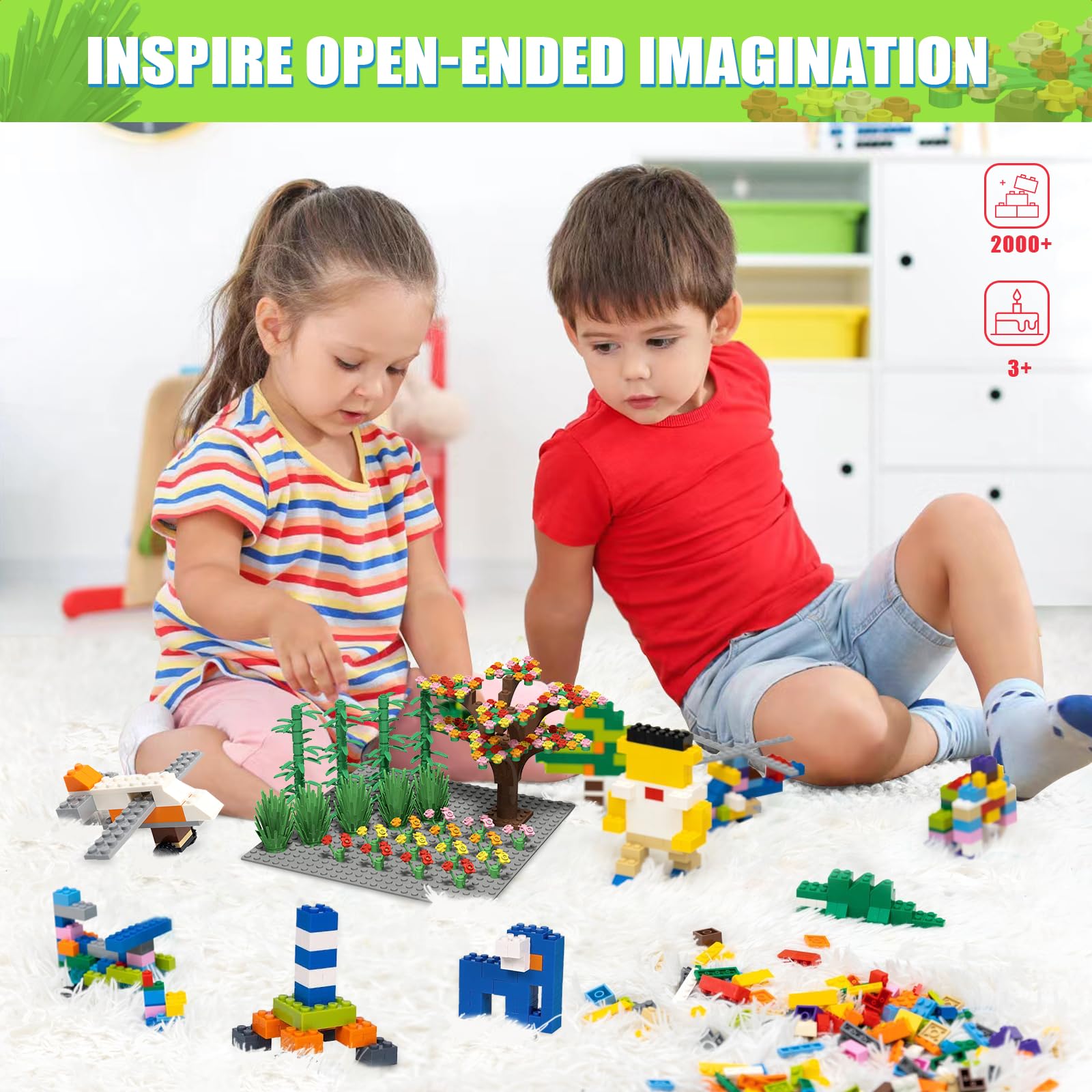 Lot de 2000 blocs de construction classiques avec 1 jeu de plaques de construction, 460 fleurs/arbres/prairies, compatible avec toutes les marques importantes, convient pour les garçons et