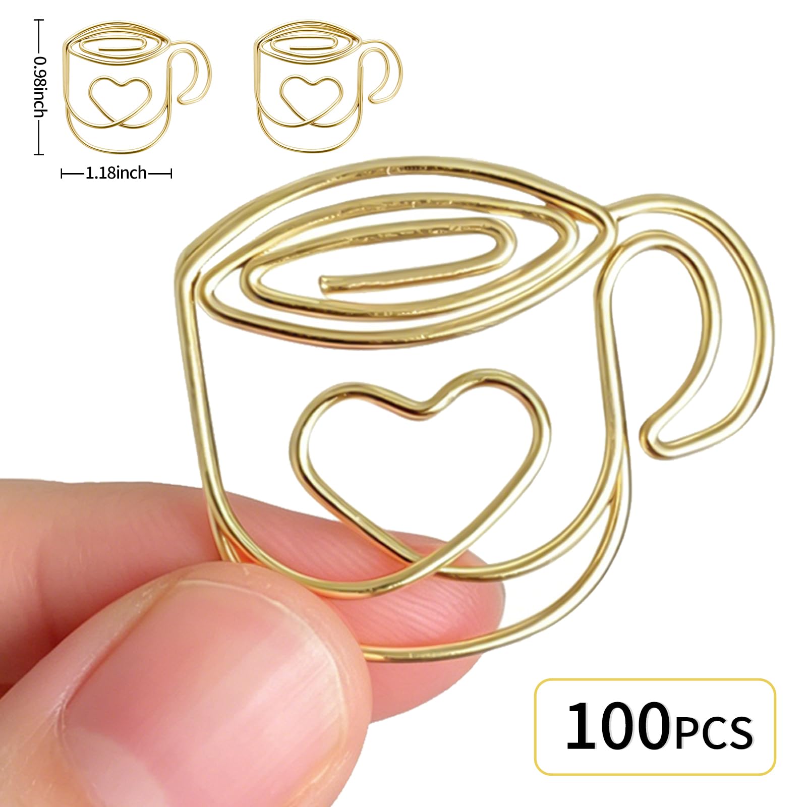 Graffette dorate a forma di cuore per carta a forma di cuore, per diari, accessori di cancelleria, forniture per ufficio, messaggi all'ora del tè (100 pezzi)
