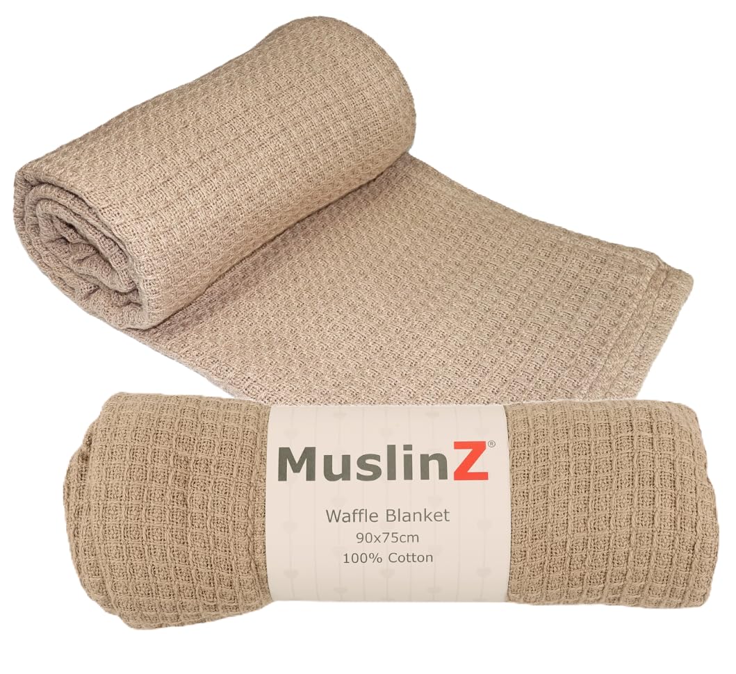 MuslinZ Baby Receiving Waffle Blanket, Baby Cellular Blanket, Moses Basket Blanket 100% Cotton 90x75cms (Taupe)