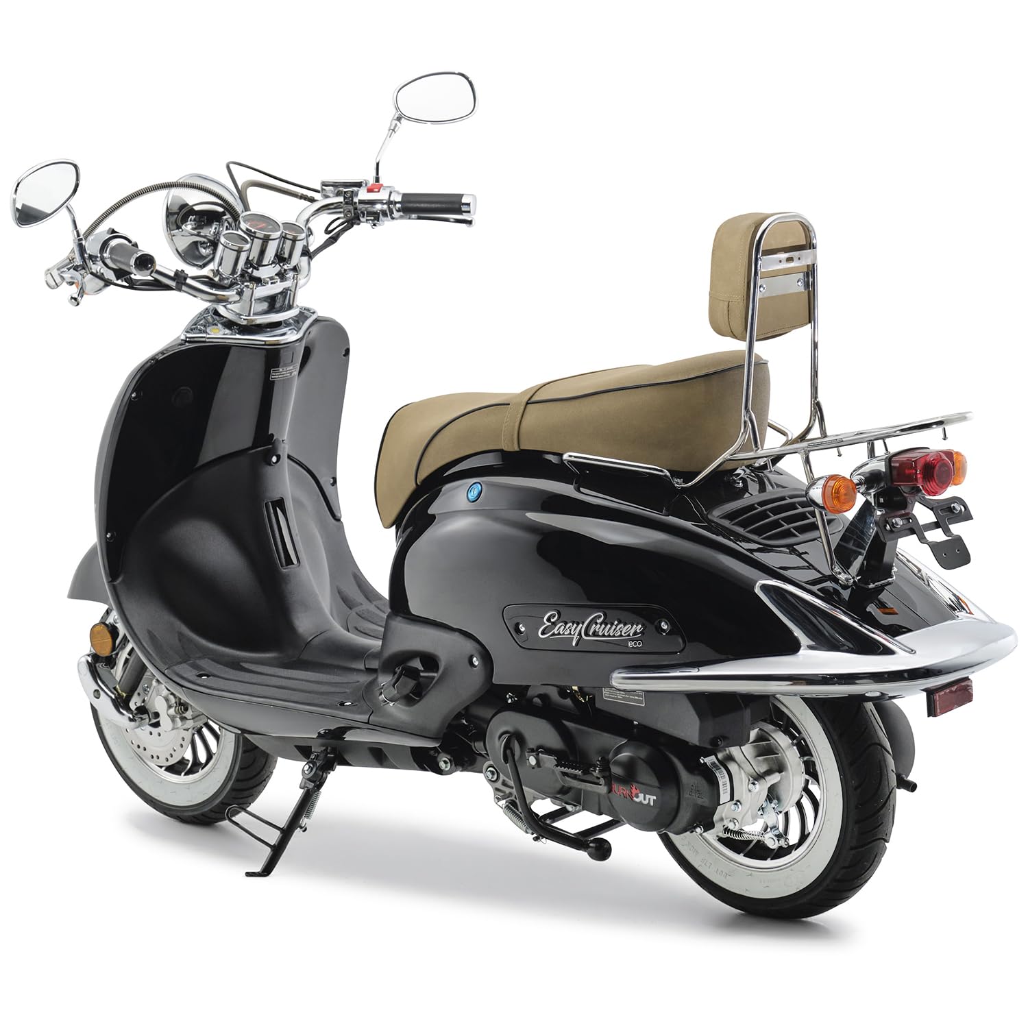 Burnout Motorroller 50 ccm EasyCruiser Eco Schwarz Metallic 45 km/h Retro Roller 3 PS USB Ladebuchse Gepäckträger Rückenlehne Cityroller