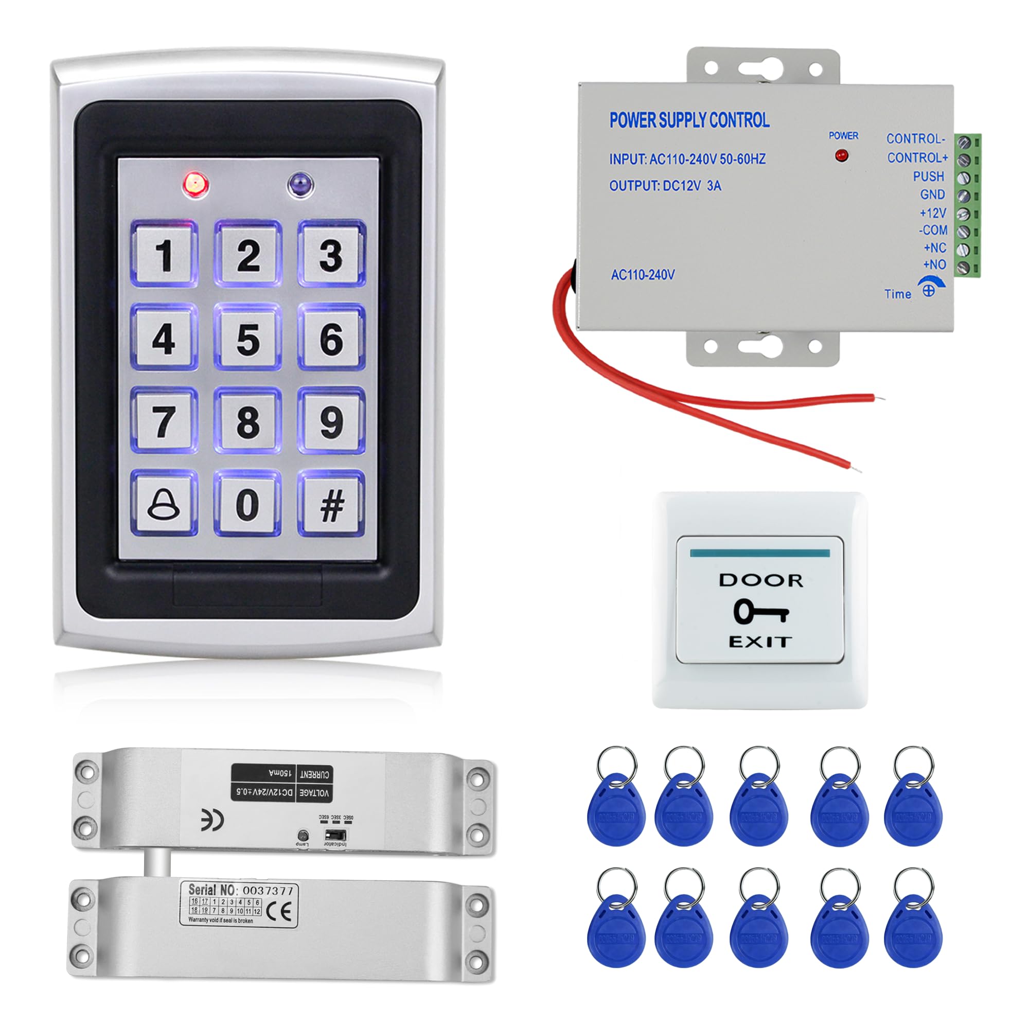 Kit de contrôle d'accès RFID en alliage de zinc avec fermeture magnétique de 180 kg, alimentation 12 V 3 A, bouton de sortie et 10 porte-clés, résistant aux intempéries pour la sécurité intérieure