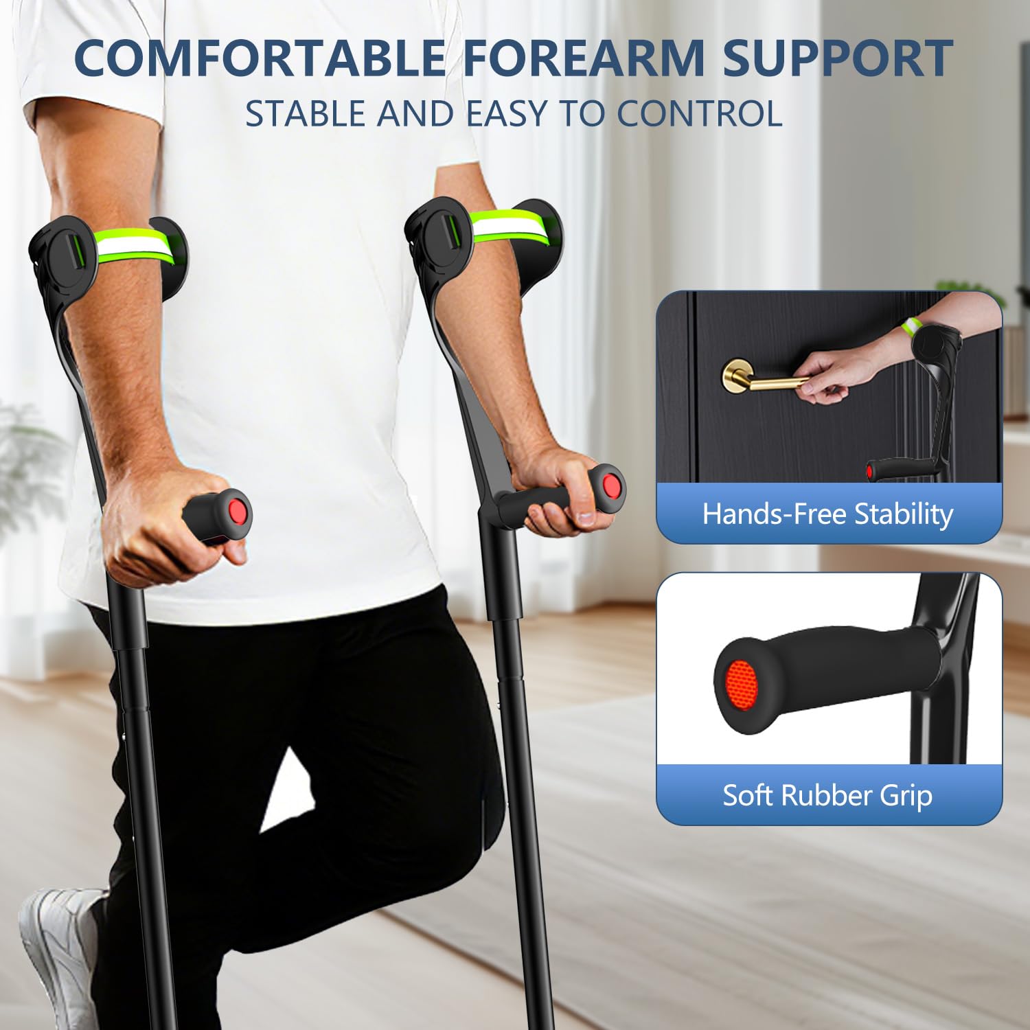Muletas de antebrazo para adultos, muletas de brazo de aluminio resistente, muletas ajustables con mango ergonómico TPR, muleta de antebrazo de punta cuádruple y única para personas mayores, movilidad
