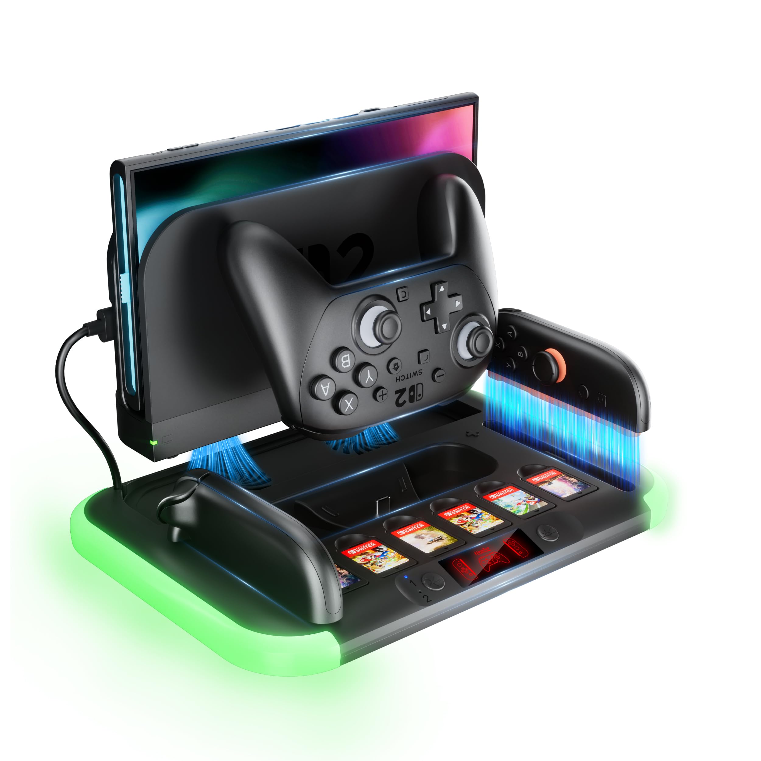 HEYSTOP Switch 2 Station con Dock di Ricarica Joycon per Ricaricare il Controller Nintendo Switch 2 Pro, Kit di Accessori per Riporre Switch 2 con Dock TV e 6 Alloggiamenti per Schede di Gioco