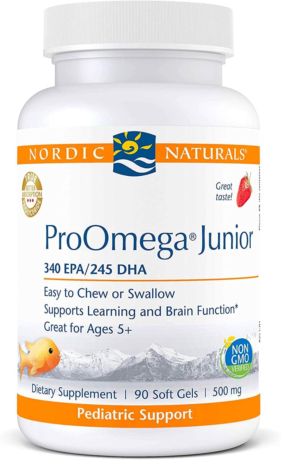 Nordic Naturals ProOmega Junior - Fish Oil, 340 mg EPA, 245 mg DHA, Support for Healthy Neurological, Nervous System, Eye, and Immune System Development*, Strawberry Flavor, 90 Soft Gels | 340 mg EPA, 245 mg DHA, Support for Healthy Neurological, Nervous System, Eye, and Immune System Development*