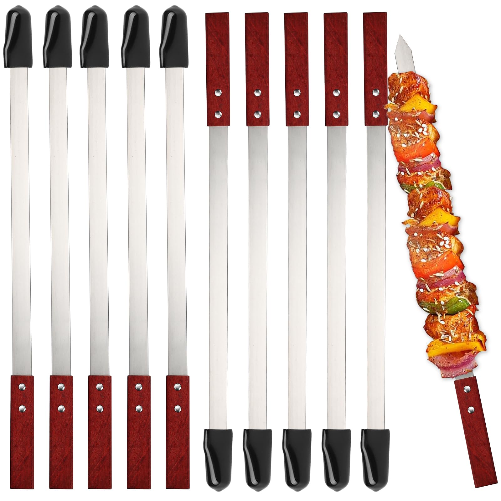 10 Stücke Flache Grillspießen Edelstahl mit Holzgriffen，60cm Schaschlikspieße Wiederverwendbar, Adana Kebab Spieße Grillzubehör für Grillbesteck