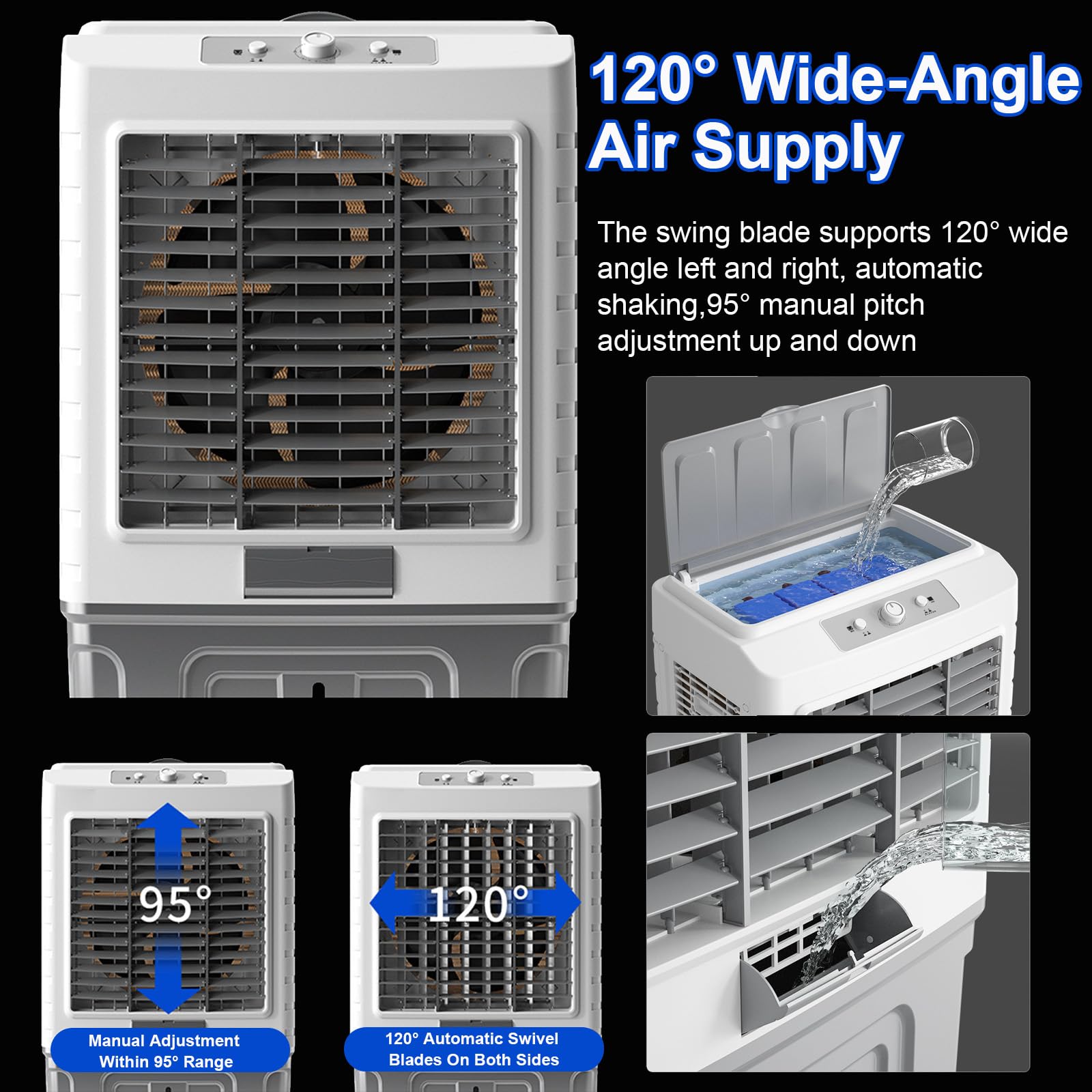 Enfriador de aire evaporativo industrial comercial de 3 velocidades, portátil, oscilación automática de 120°, tanque de gran capacidad para el hogar, oficina, tienda, solución de refrigeración
