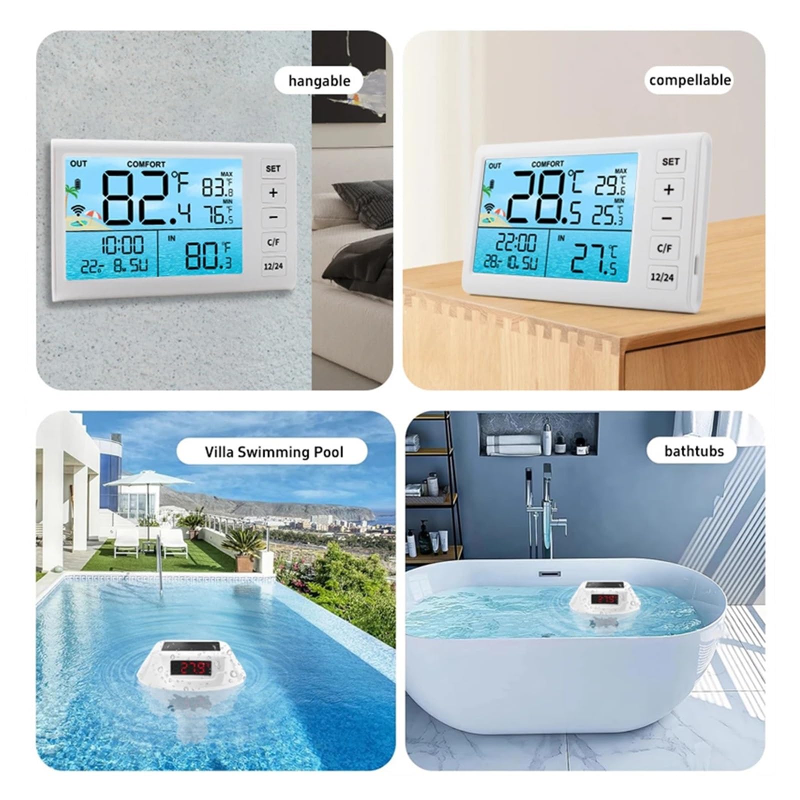 Termometro Digitale Solare Wireless for Piscina, misuratore di Temperatura for Il Nuoto con luci RGB dinamiche, Timer e Schermo LED.(White)