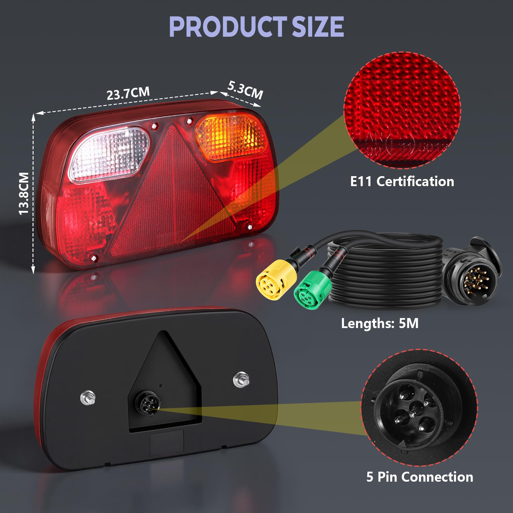 12V Pilotos Traseros Remolque, Luces para Remolque De 13 Pines, Luces Remolque, Con 5m Cable, 13 Pin Conector, Montaje De Tornillos, Ideal para Automóviles Camiones Caravanas Furgonetas Luces Traseras