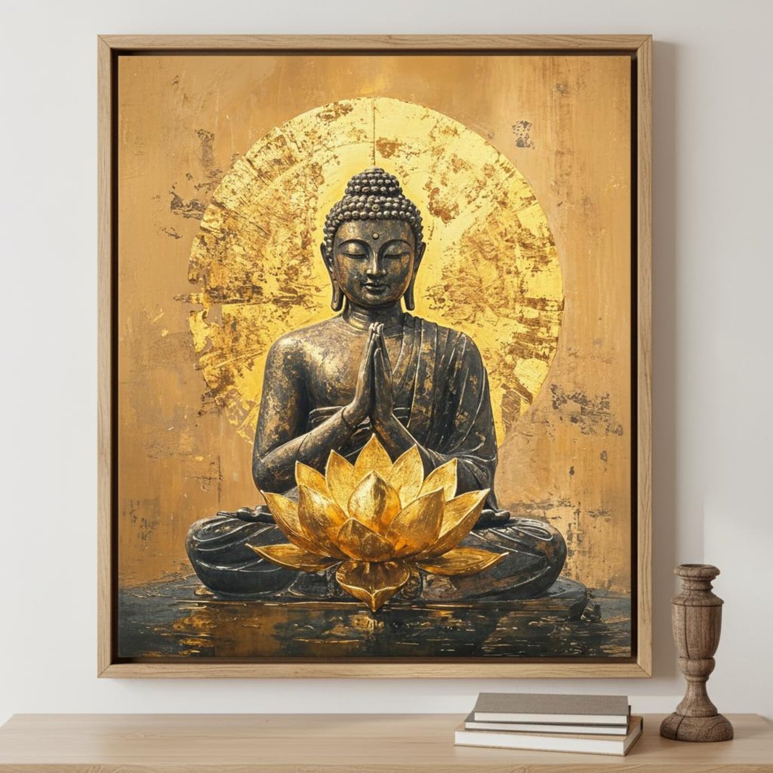 LMYCHENG Spokojny złoty Budda plakaty i druki, abstrakcyjny obraz lotosu na płótnie - duchowe Zen dzieło sztuki do dekoracji domu (20x30 cm/rama wewnętrzna)
