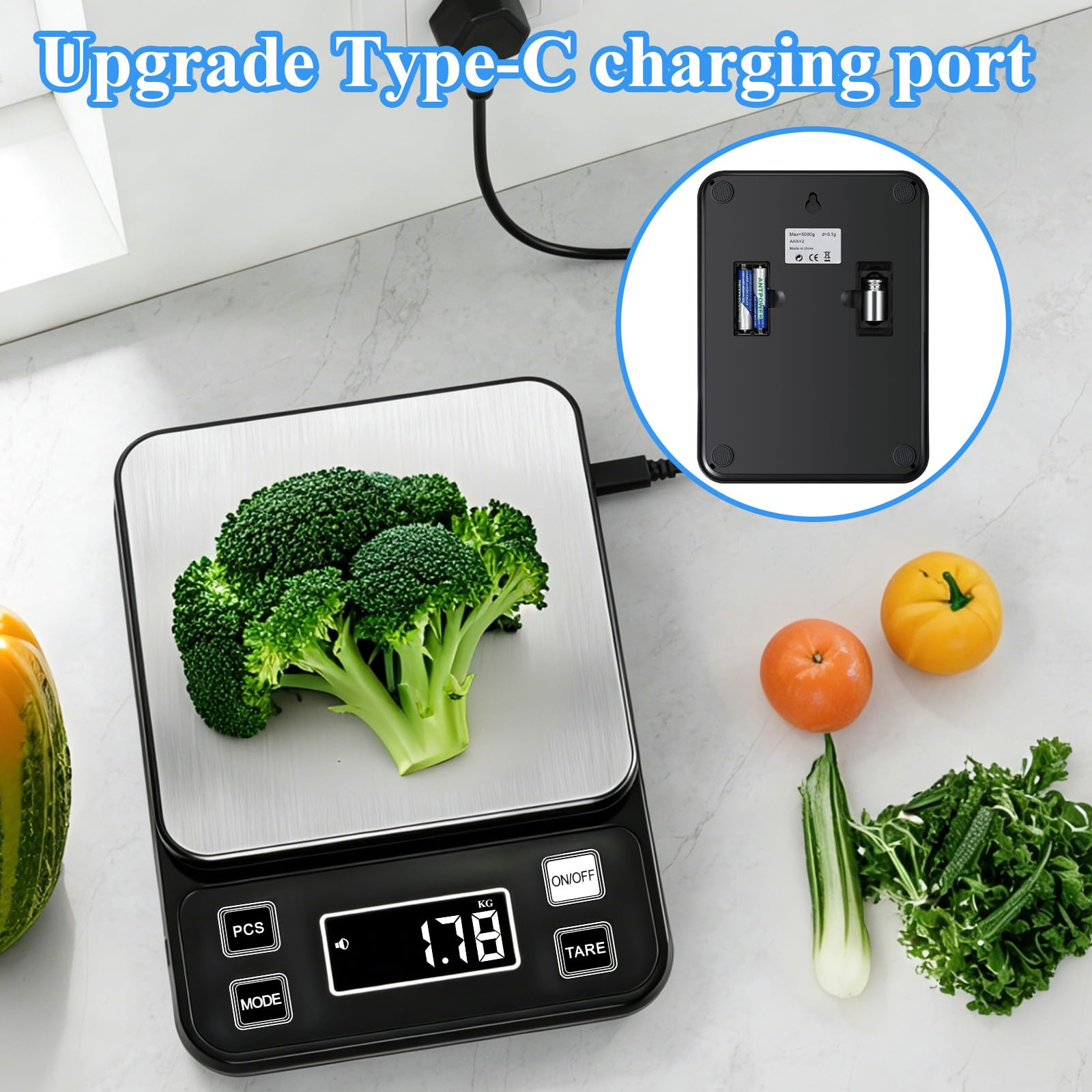 Báscula digital impermeable completa IP67,5 kg de capacidad, 0,1 g, precisión de 0,1 g, báscula de cocina con función de tara de carga tipo C, plataforma de acero inoxidable para hornear mariscos