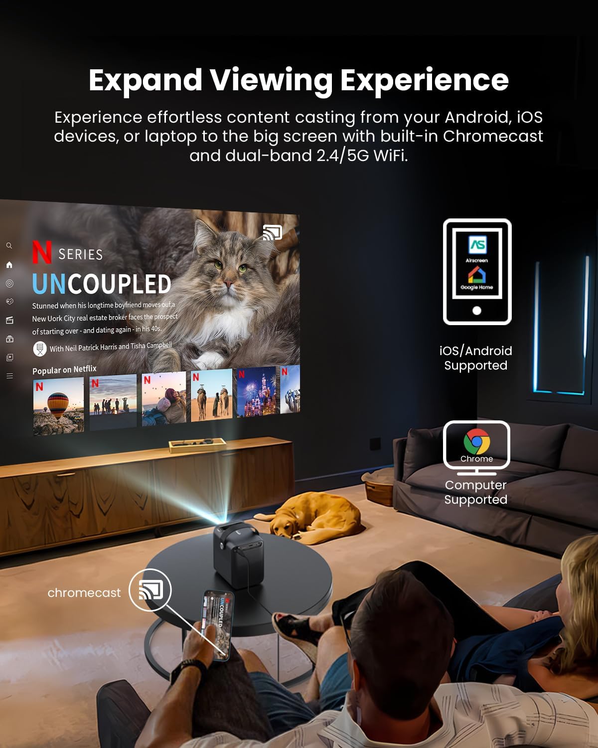 Person casting content from phone to ETOE D2 Pro Projector via Chromecast