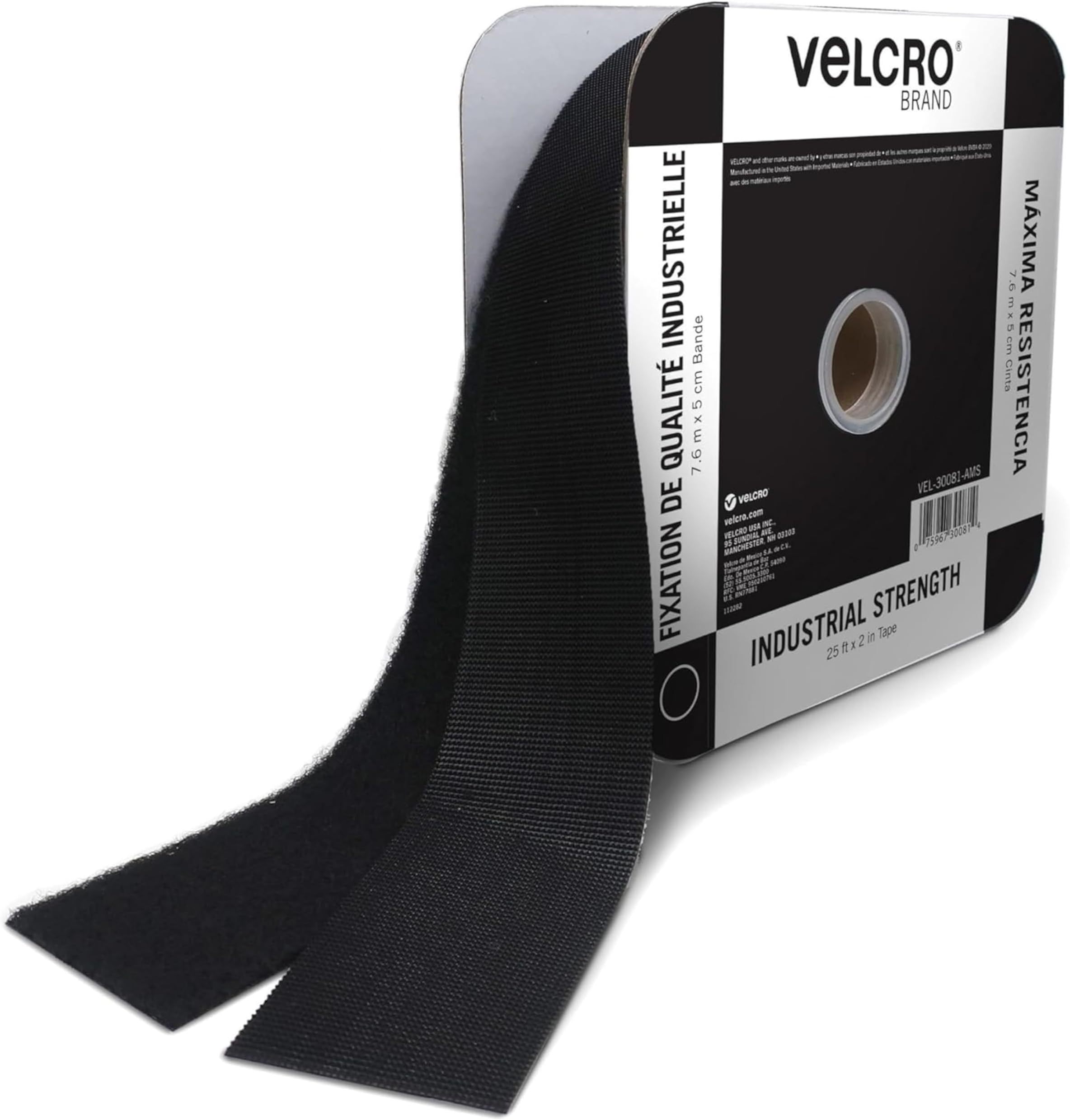 VELCRO Brand Heavy Duty Tape with Adhesive | 25 Ft Bulk Roll 2" Wide | Holds 10 lbs, Black | Industrial Strength Strong Hold for Indoor or Outdoor Use (30081)