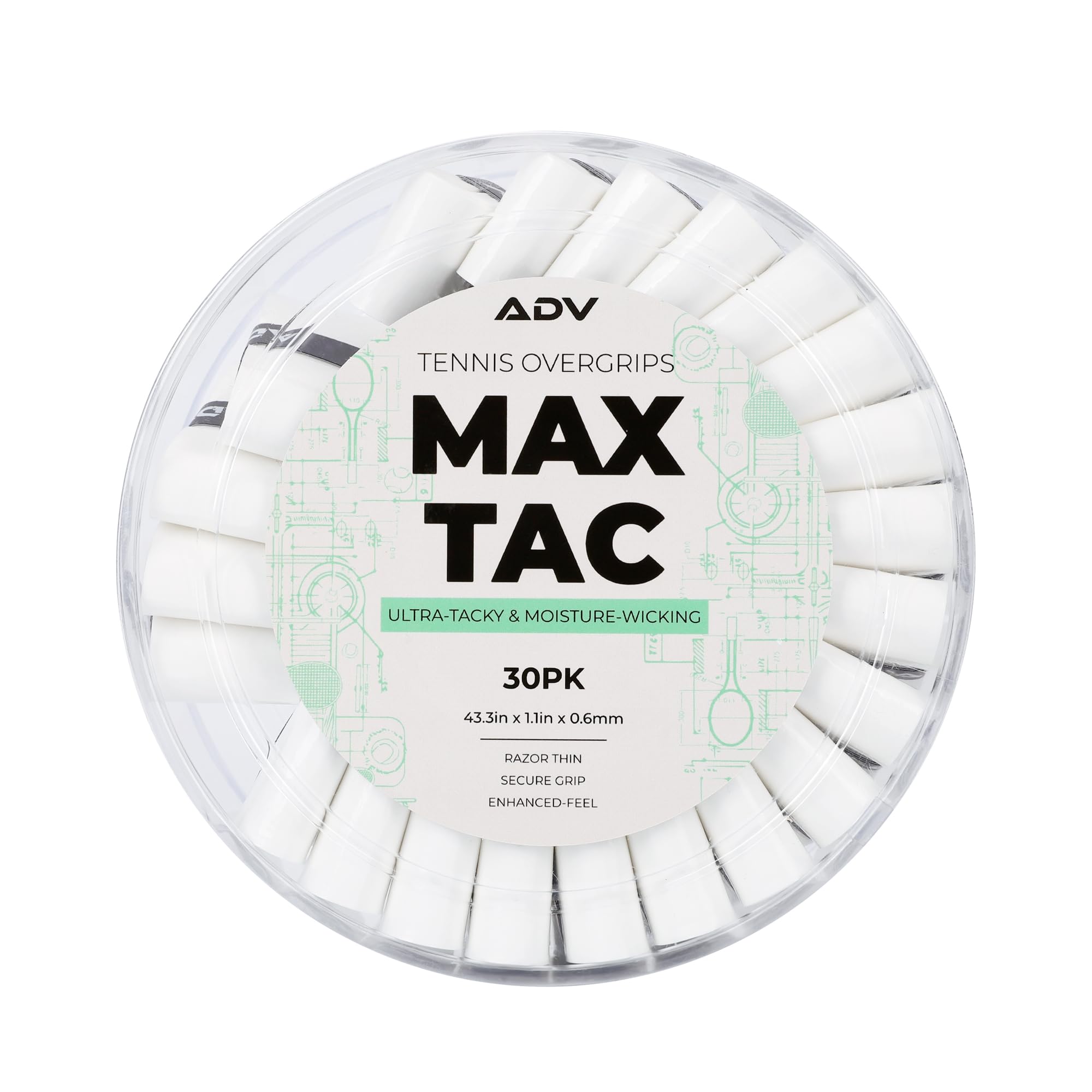 ADV MaxTac Tacky Tennis Overgrip - 30 Pack Extremely Sticky Non-Slip Tennis Grips Overgrip - Razor-Thin & Easy to Use Pro Tennis Racquet Grip Tape (30