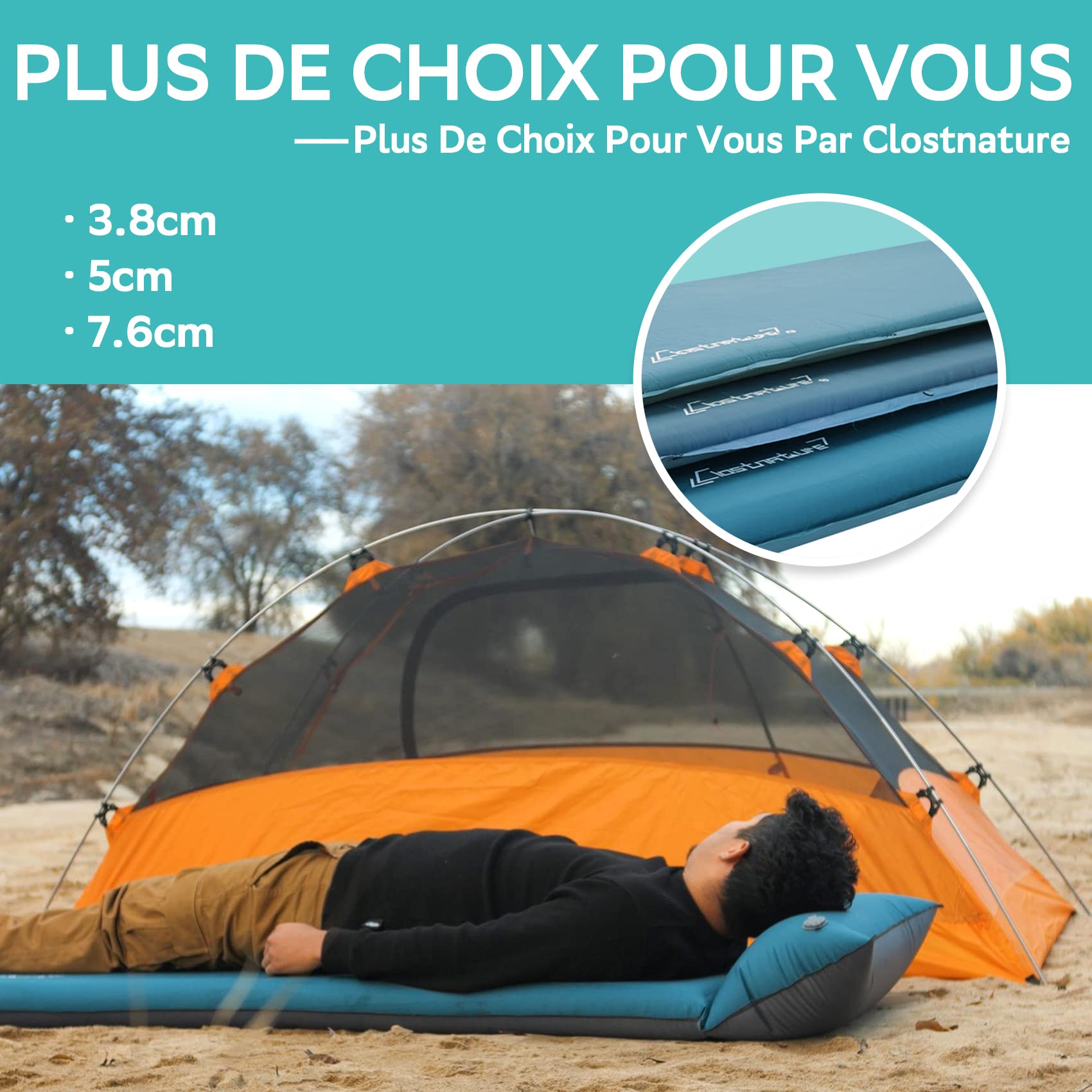 Clostnature Matelas de Couchage Auto-gonflant de Camping – 3/5/7.6 cm d'épaisseur pour extérieur Auto-Gonflable avec Petite Taille, Matelas léger pour Le Sport, la randonnée, l'hiver